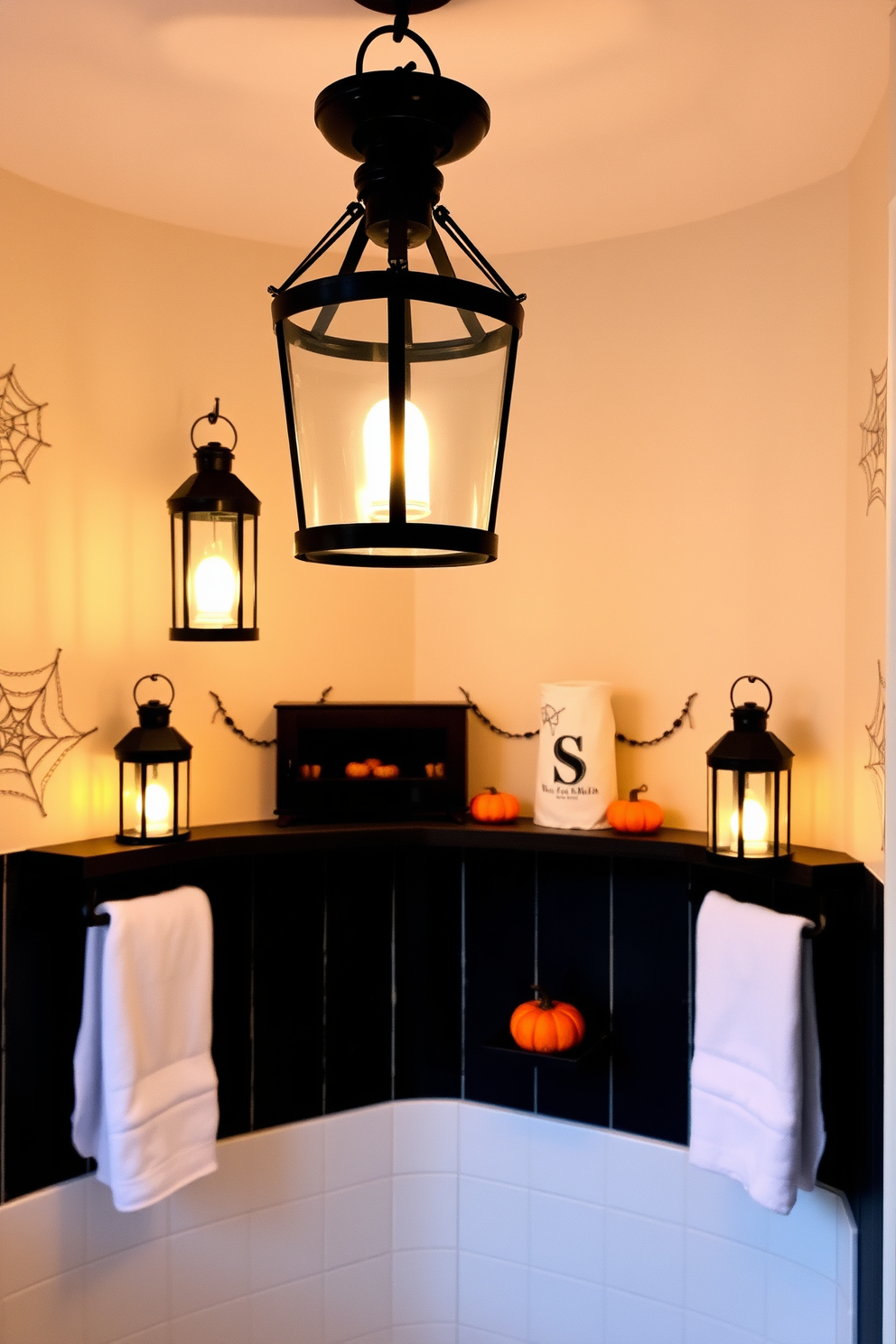 A cozy Halloween bathroom setting featuring hanging lanterns that cast a warm, soft glow throughout the space. The walls are adorned with playful Halloween-themed decor, including subtle spiderwebs and small pumpkins on the shelves.