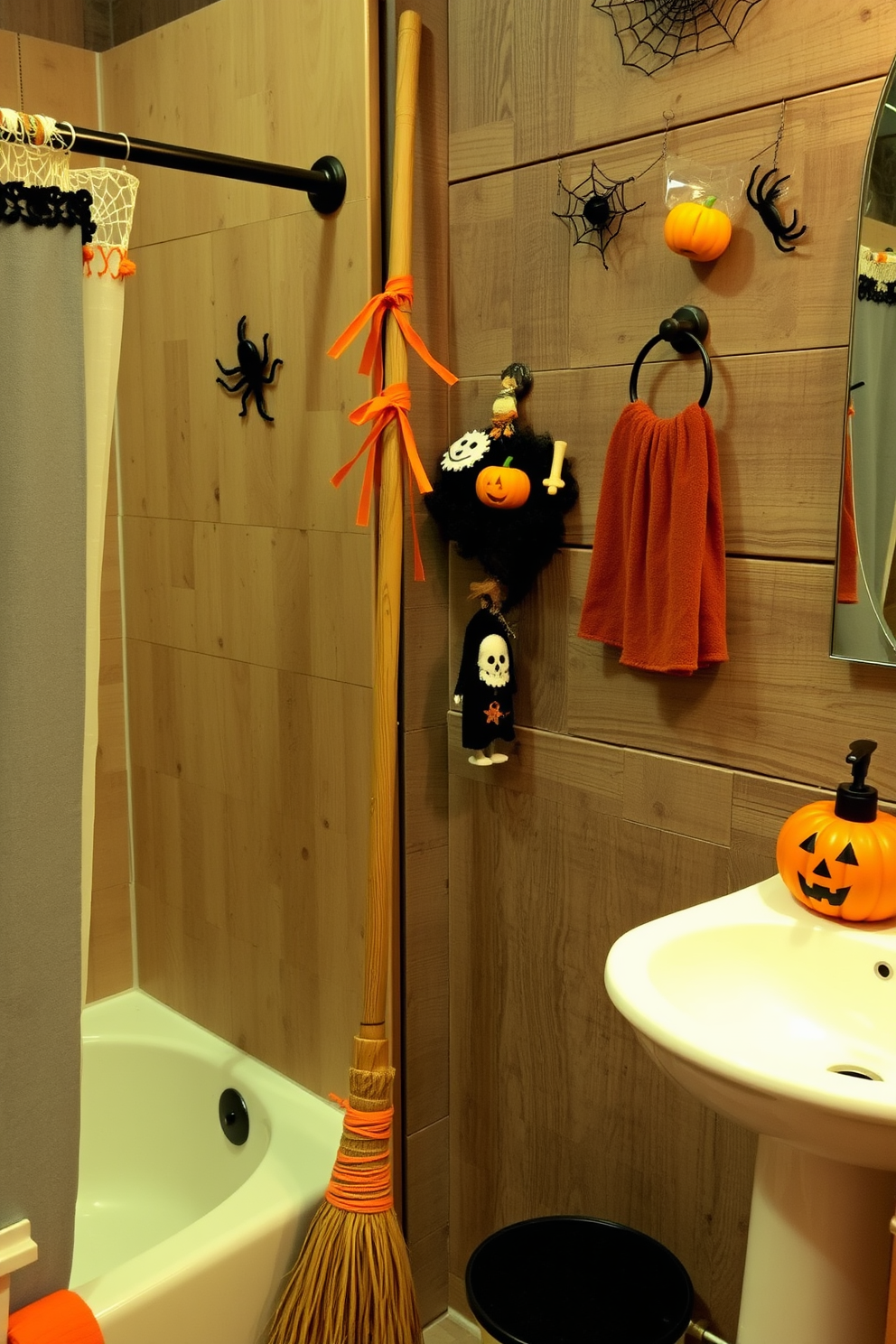 A whimsical Halloween bathroom featuring a collection of mysterious potion bottles displayed on a rustic wooden shelf. The walls are adorned with spooky artwork, and flickering candle lights create an enchanting atmosphere.