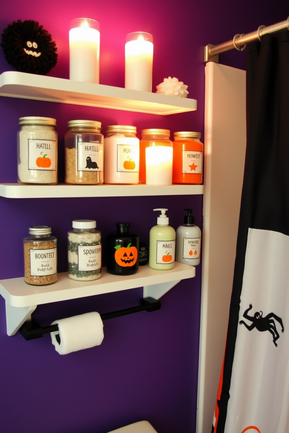 A whimsical Halloween bathroom setting featuring themed bath products with spooky labels. The shelves are lined with jars of bath salts and bottles of bubble bath, each adorned with playful Halloween graphics like ghosts and pumpkins. The walls are painted in a deep purple hue, enhancing the festive atmosphere. Flickering candlelight casts eerie shadows, while a black and orange shower curtain adds a touch of seasonal charm.