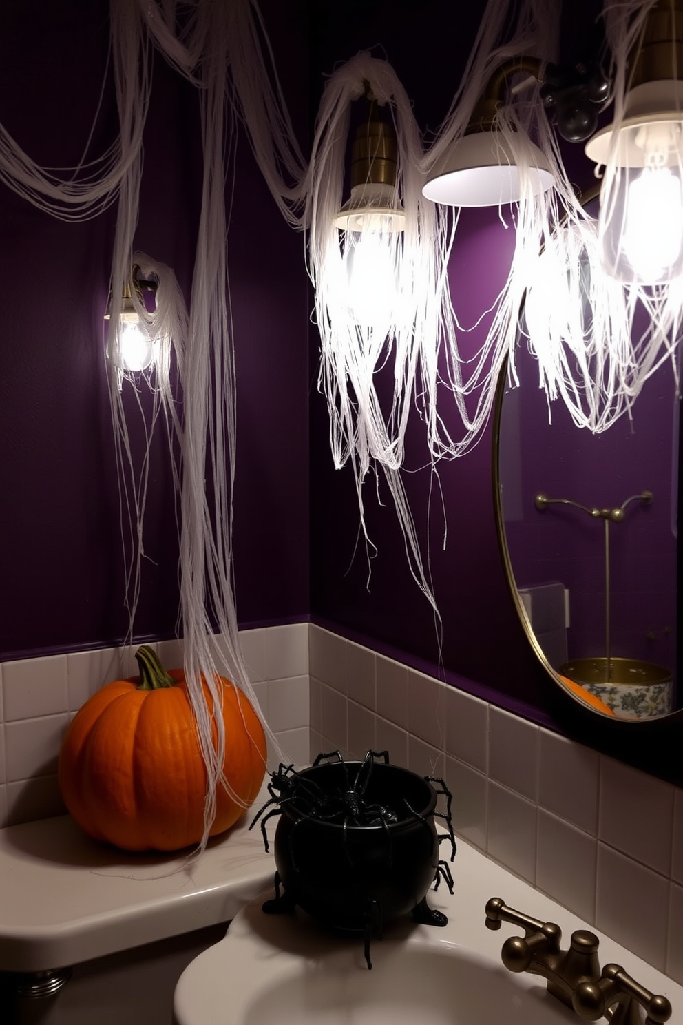 A spooky bathroom setting adorned with cobwebs draping from vintage light fixtures. The walls are painted in a deep purple hue, while a carved pumpkin sits on the countertop next to a small cauldron filled with faux spiders.