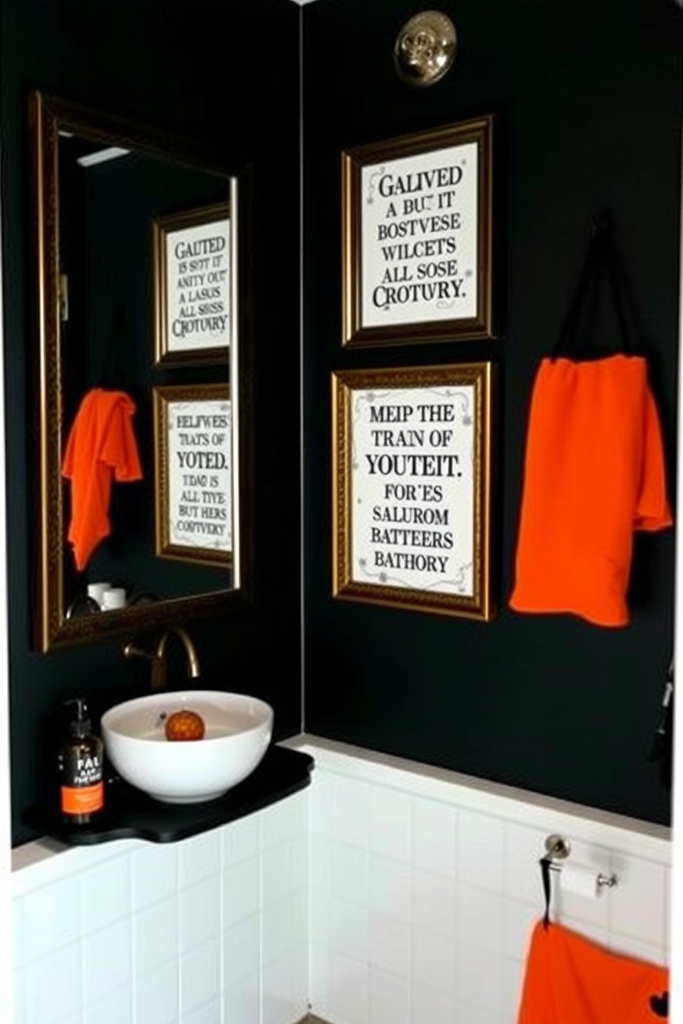 Create a Halloween-themed bathroom that features framed spooky quotes adorning the walls. The decor includes a mix of dark and eerie colors, with accents of orange and black to enhance the festive atmosphere.