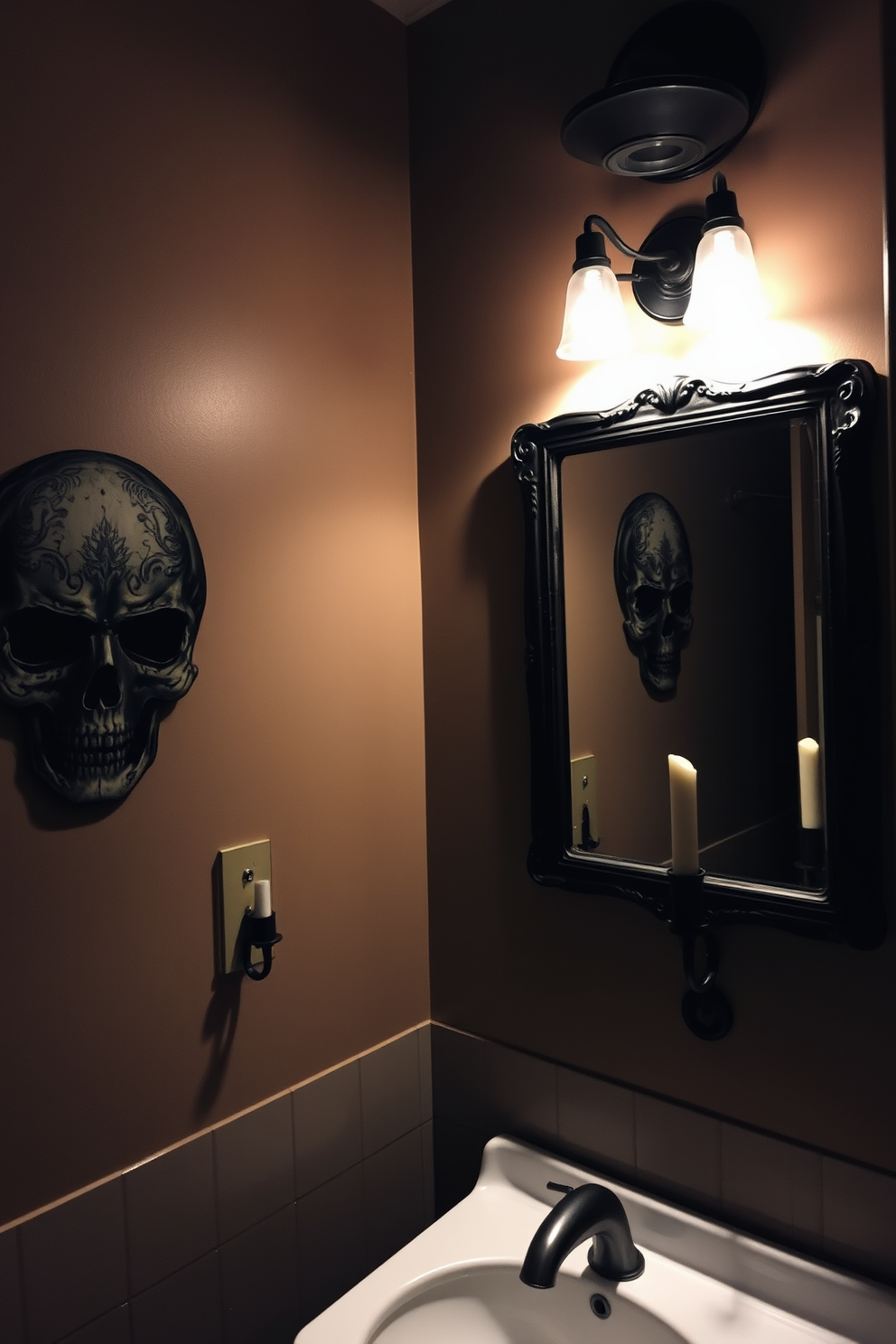 Creepy wall art featuring intricately designed skulls hangs on the walls of a dimly lit bathroom. The decor includes a vintage mirror with a dark frame and eerie candle sconces that cast flickering shadows across the room.