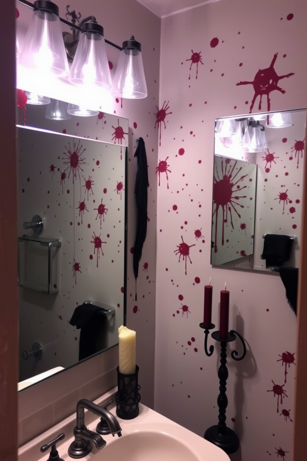 Create a Halloween-themed bathroom with blood splatter decals adorning the walls and mirrors. The atmosphere is eerie and dramatic, enhanced by dim lighting and spooky accessories like fake cobwebs and sinister candles.