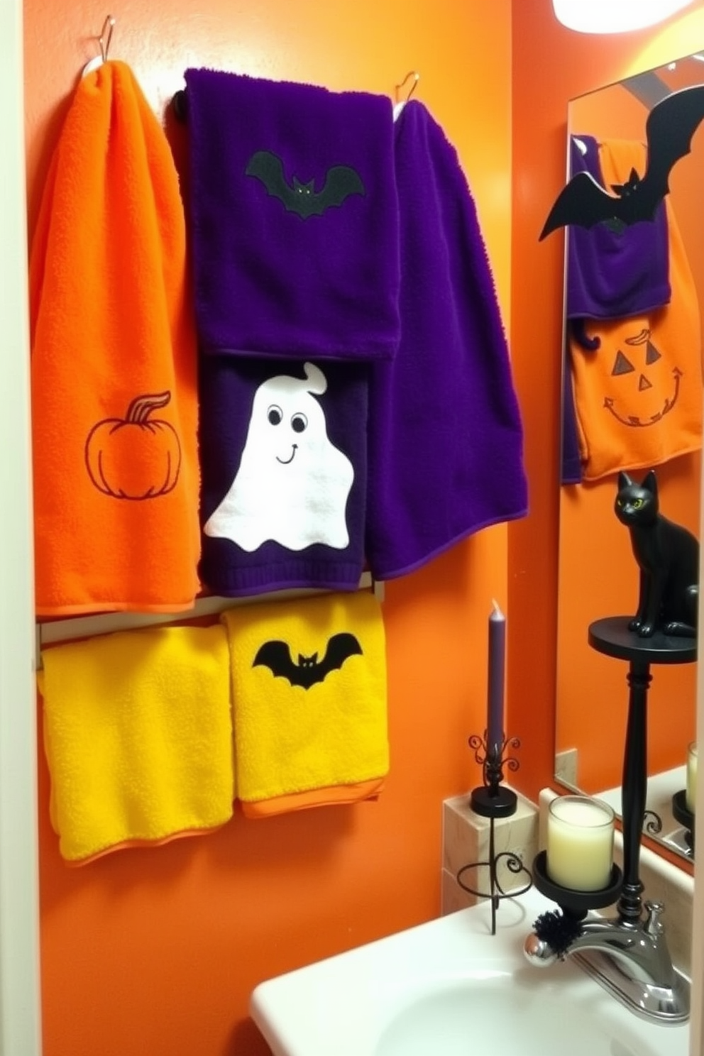 A festive bathroom setting adorned with Halloween-themed towels in vibrant colors. The towels feature playful designs such as pumpkins, ghosts, and bats, adding a whimsical touch to the space. The walls are painted in a warm orange hue, creating a cozy atmosphere. Decorative accents like a black cat figurine and a spooky candle centerpiece enhance the Halloween spirit.