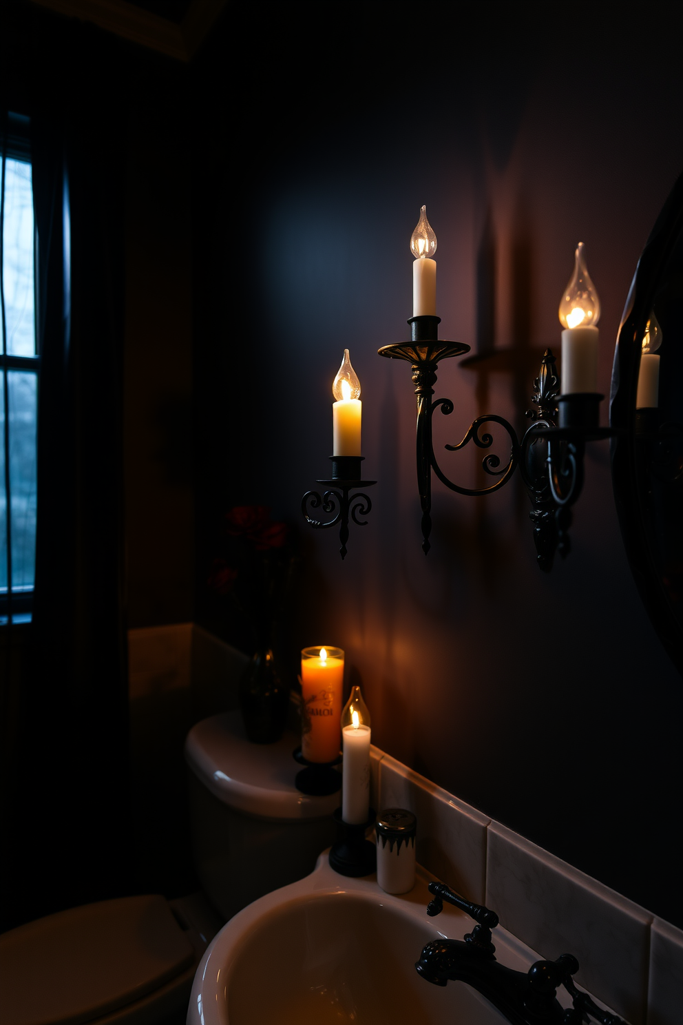 A whimsical bathroom setting for Halloween. The ceiling is adorned with hanging bats in various sizes, creating a dramatic effect that sets the mood. The walls are painted in a deep orange hue, complemented by black accents. A spooky shower curtain features ghostly figures, while themed decorations are scattered throughout the space.