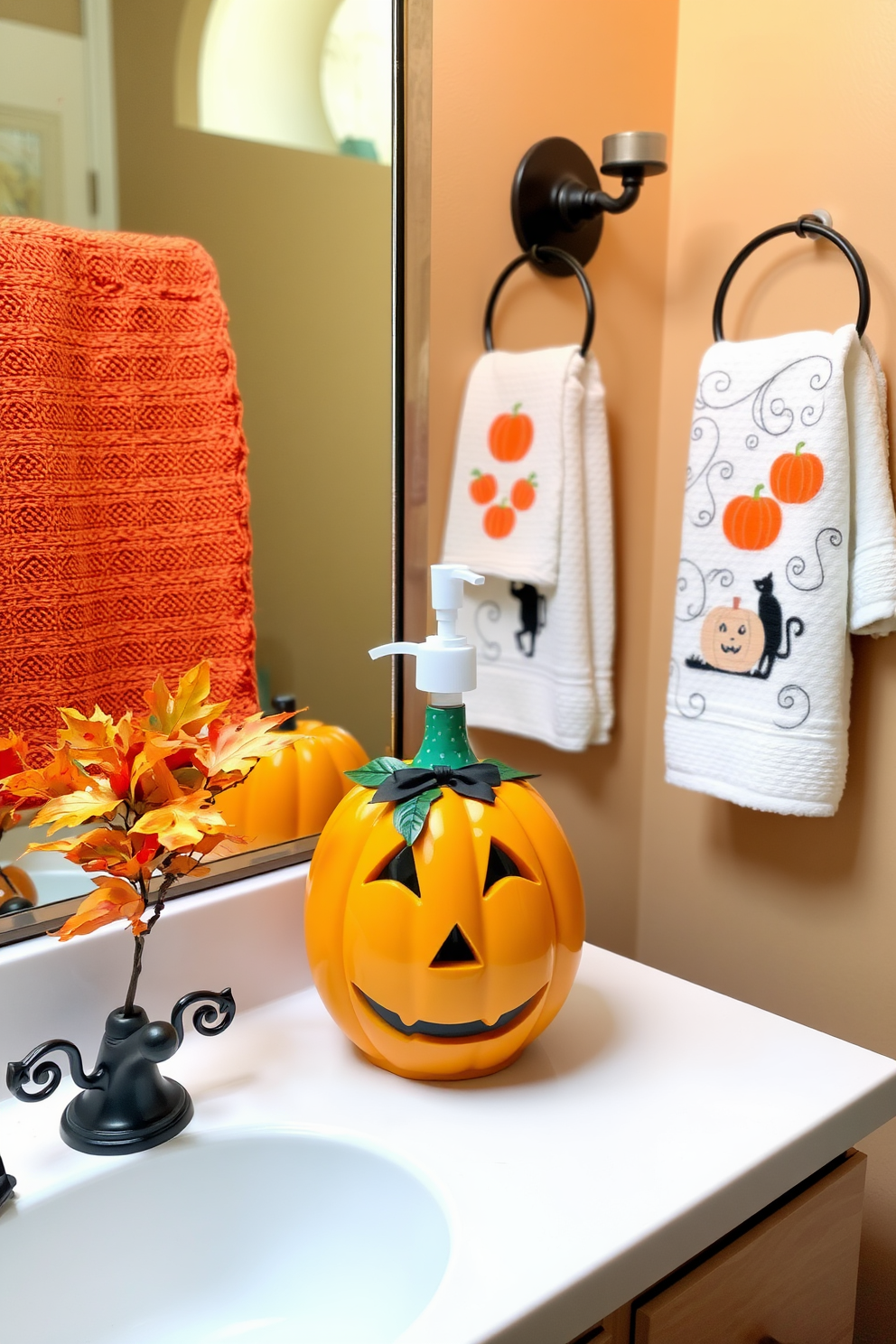 A festive bathroom setting featuring a pumpkin soap dispenser adds a seasonal charm. The decor includes Halloween-themed towels and a decorative arrangement of autumn leaves on the countertop.