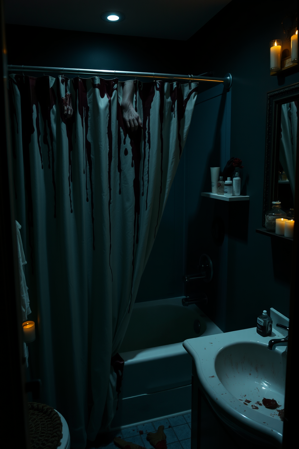 A spooky bathroom setting adorned with glow in the dark stickers featuring ghosts and bats on the walls. The atmosphere is enhanced by dim lighting, creating a mysterious ambiance perfect for Halloween celebrations.