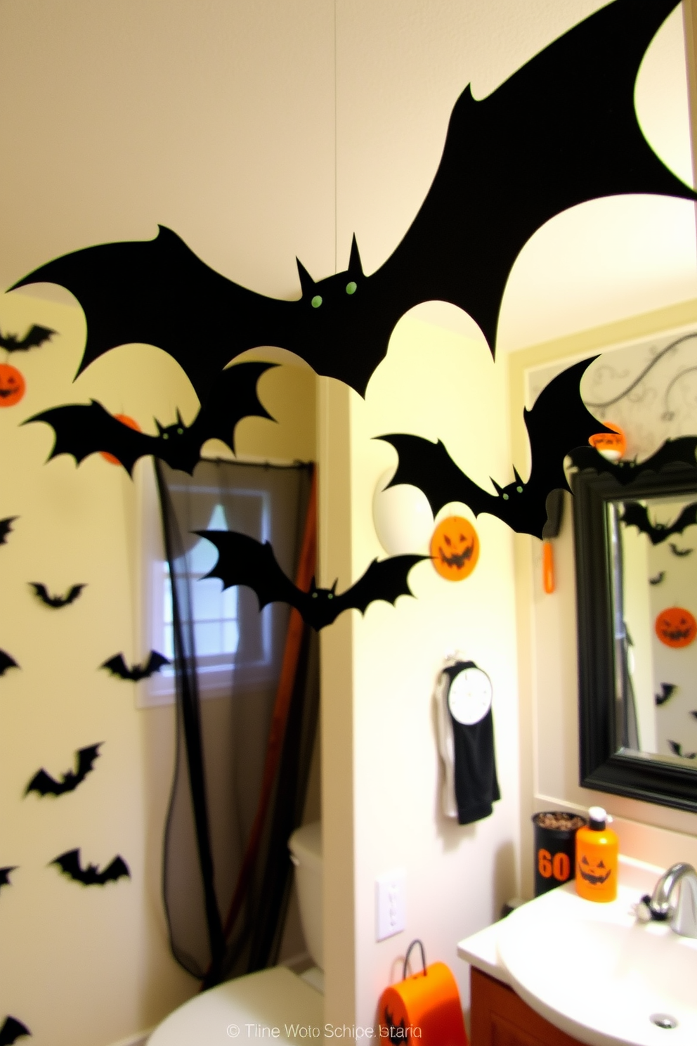 A whimsical Halloween bathroom setting. The floor is adorned with creepy crawly rubber bath mats featuring spiders and cobwebs, adding a playful touch to the decor. The walls are painted in a deep purple hue, creating a spooky atmosphere. Ghostly decorations hang from the ceiling, while orange and black towels are neatly arranged on the towel rack.