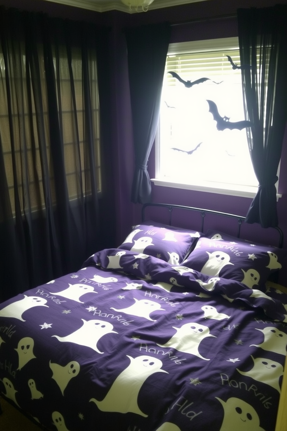 A Halloween-themed bedroom features spooky ghost string lights hanging from the ceiling, casting an eerie glow across the room. The walls are adorned with dark, moody colors, while cobwebs and other decorations enhance the haunting atmosphere.