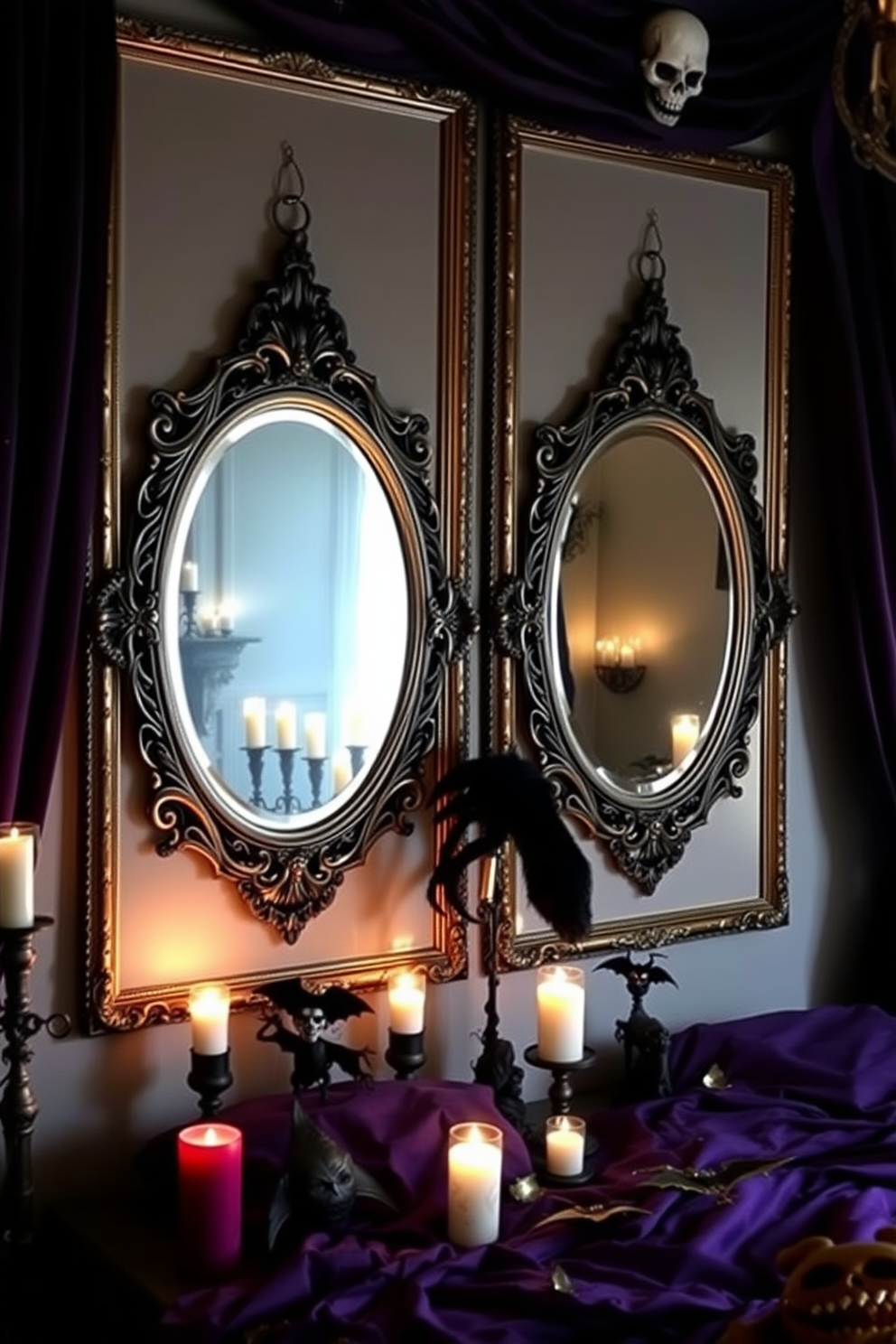 A Halloween-themed bedroom featuring gothic mirrors with ornate frames that reflect the dim candlelight. The walls are draped in deep purple fabric, and spooky decorations are scattered throughout the space, creating an eerie yet stylish atmosphere.