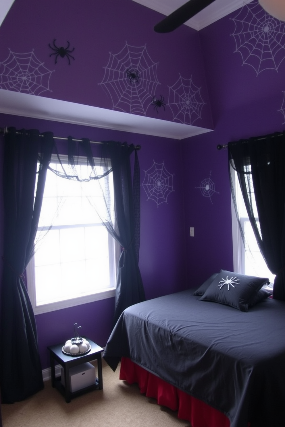 A Halloween-themed bedroom featuring spider web accents in the corners and on the windows. The walls are painted in a deep purple hue, and black curtains frame the windows, enhancing the spooky atmosphere.