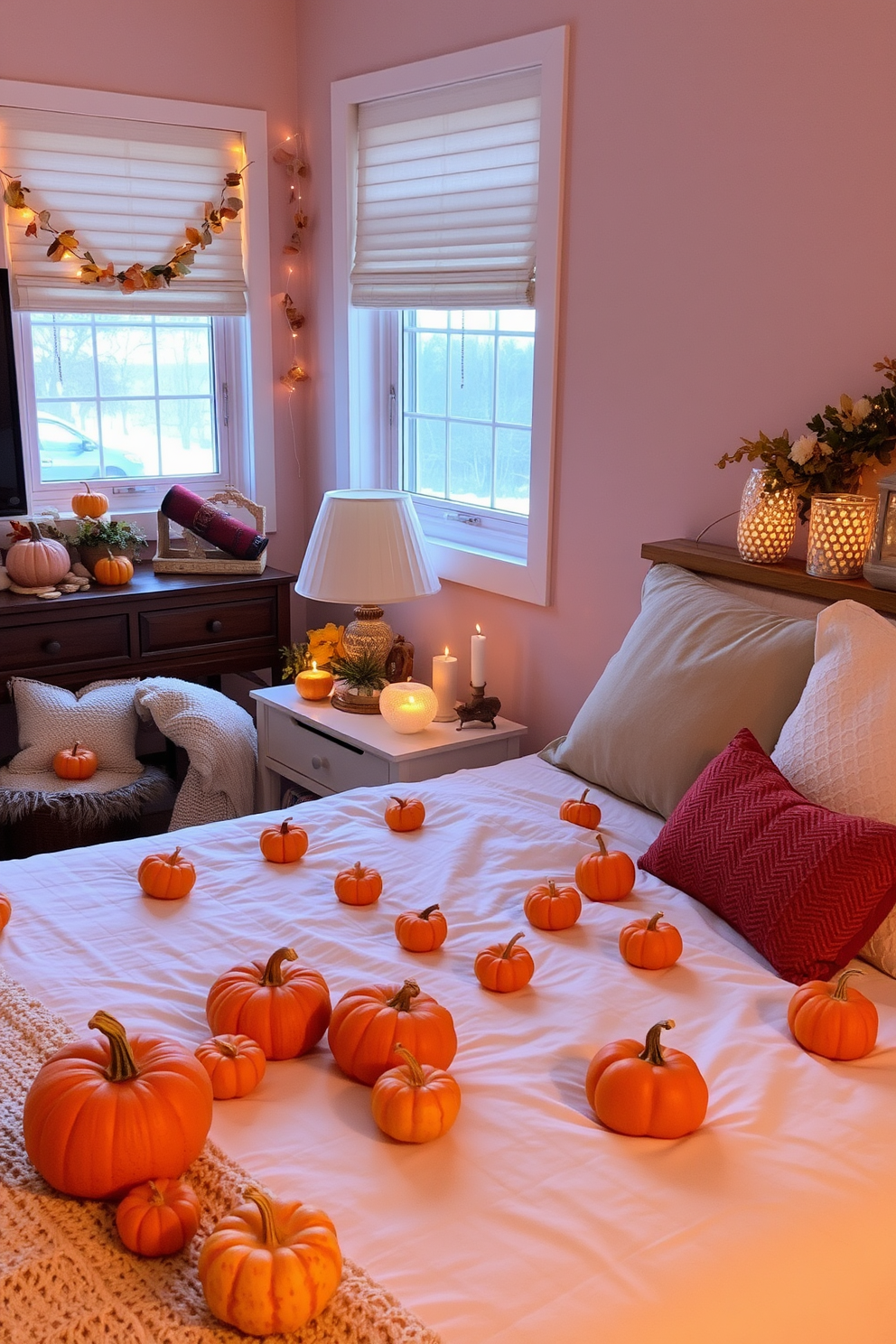 A cozy bedroom adorned with miniature pumpkins scattered across various surfaces. The warm autumn colors create a festive atmosphere, enhancing the seasonal charm of the space.