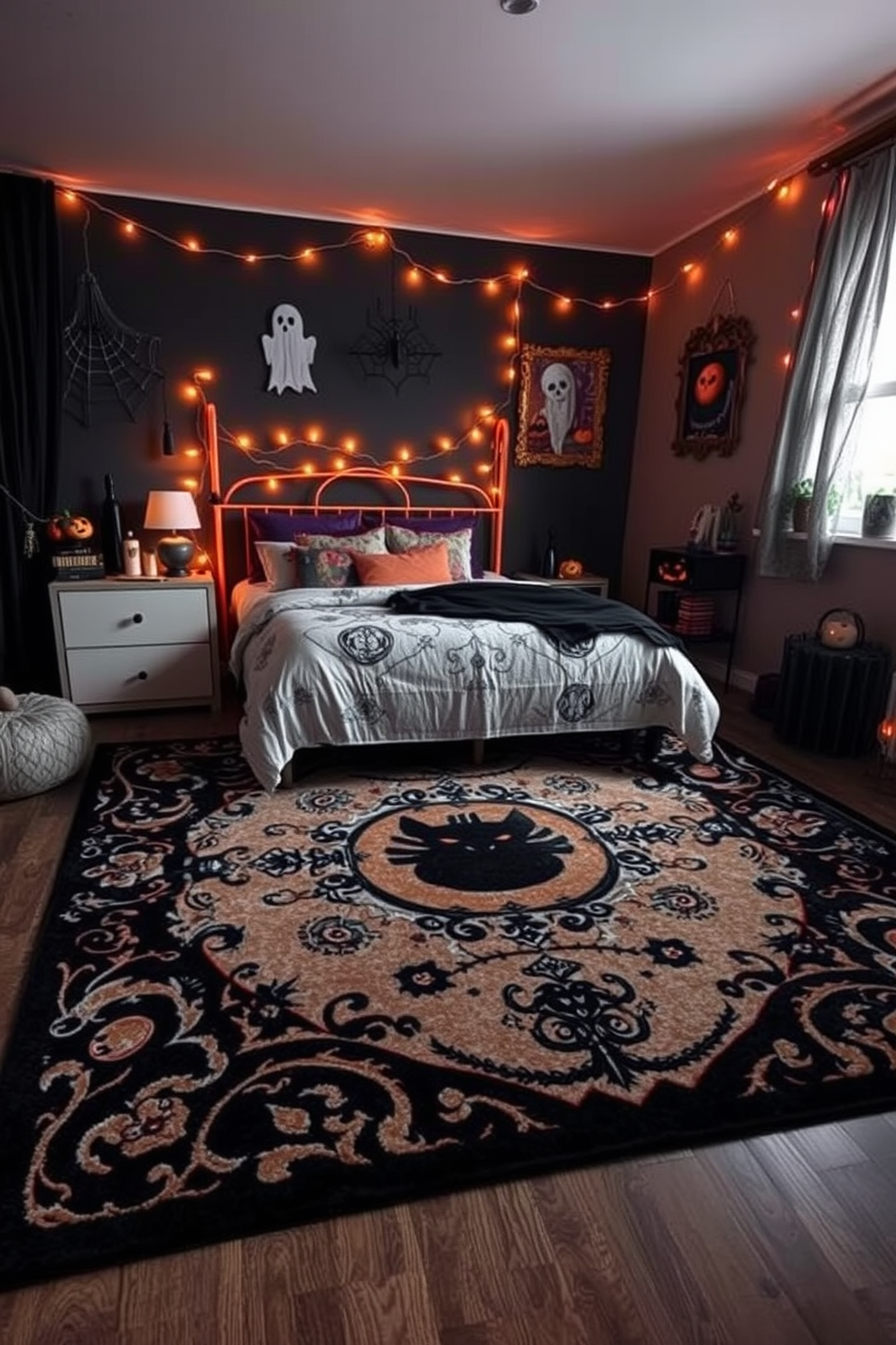 A whimsical Halloween garland made of orange and black felt shapes hangs gracefully across the walls. The garland features an assortment of pumpkins, ghosts, and bats, creating a festive atmosphere in the room. The bedroom is adorned with spooky accents, including black and purple bedding and eerie wall art. Flickering candles in decorative holders add a warm glow, enhancing the Halloween spirit throughout the space.