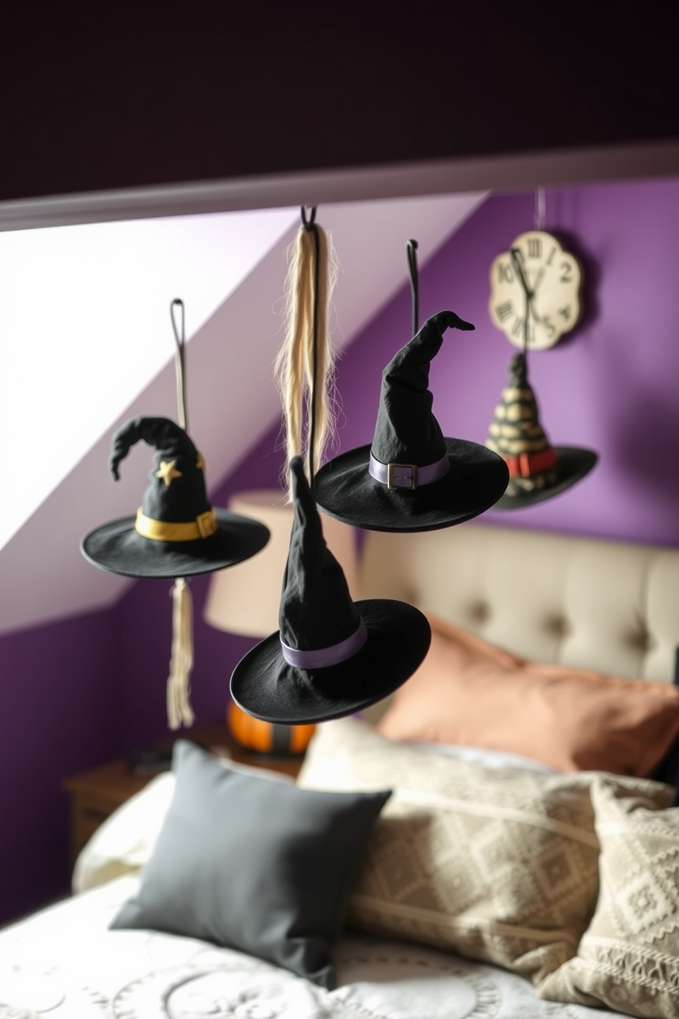 A cozy bedroom adorned with witch hats hanging on decorative hooks. The walls are painted in a deep purple hue, and soft, ambient lighting creates a mystical atmosphere.