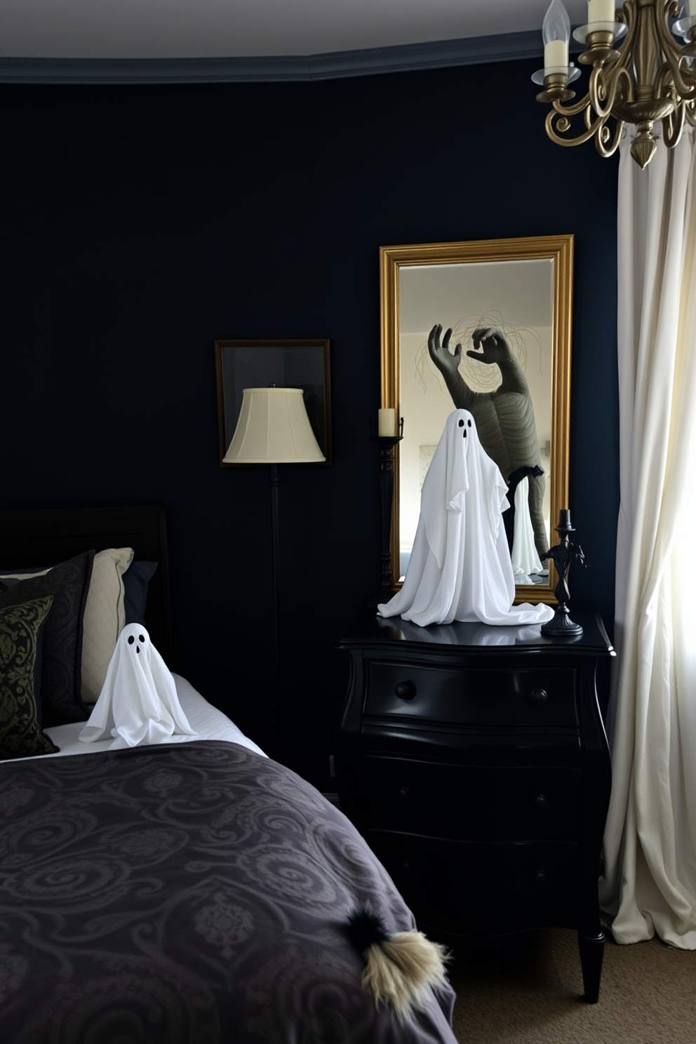 A whimsical Halloween bedroom featuring ghostly figures placed on elegant dressers. The walls are adorned with dark, moody colors, and soft lighting creates an eerie atmosphere.