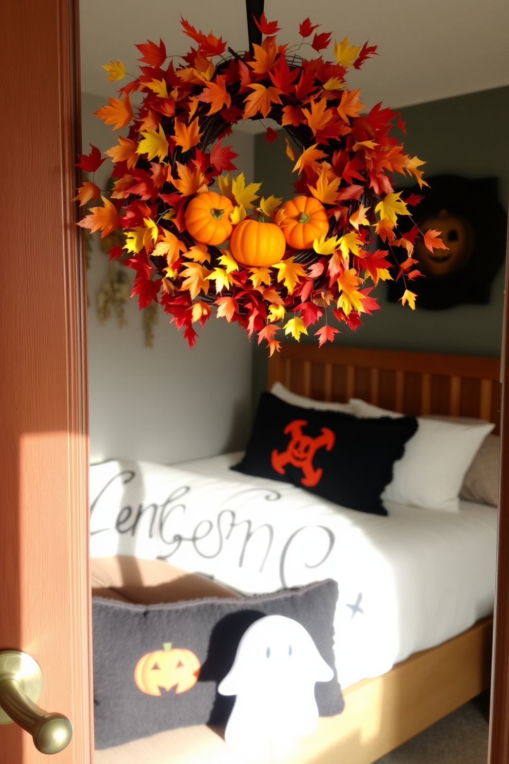 A seasonal wreath adorned with vibrant autumn leaves and small pumpkins hangs on the bedroom door, welcoming guests with a festive touch. Inside, the bedroom features cozy Halloween decorations, including plush black and orange throw pillows on the bed and a whimsical ghost figure perched on the nightstand.