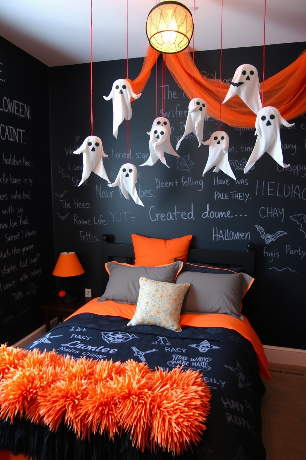 A haunted house model serves as a striking centerpiece in a Halloween-themed bedroom. The model features intricate details like cobwebs, miniature ghosts, and flickering LED lights to create an eerie atmosphere. Surrounding the model, dark and moody decor enhances the spooky vibe. Black and orange bedding complements the theme, while wall art depicting haunted scenes adds to the overall ambiance.