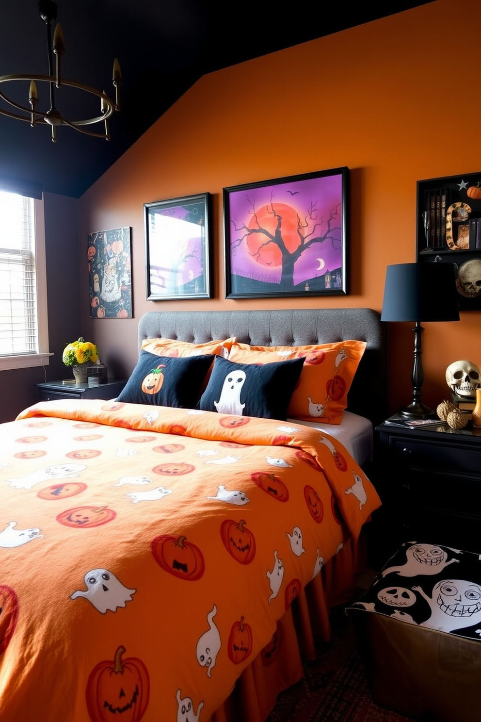 A striking orange and black themed table lamp sits on a sleek black nightstand in a cozy bedroom. The lamp features a pumpkin-shaped base with intricate carvings, casting a warm glow that complements the Halloween decor throughout the room. The walls are adorned with spooky artwork and playful ghost motifs, creating a festive atmosphere. A plush black and orange throw blanket drapes over the bed, inviting guests to relax and enjoy the seasonal charm.