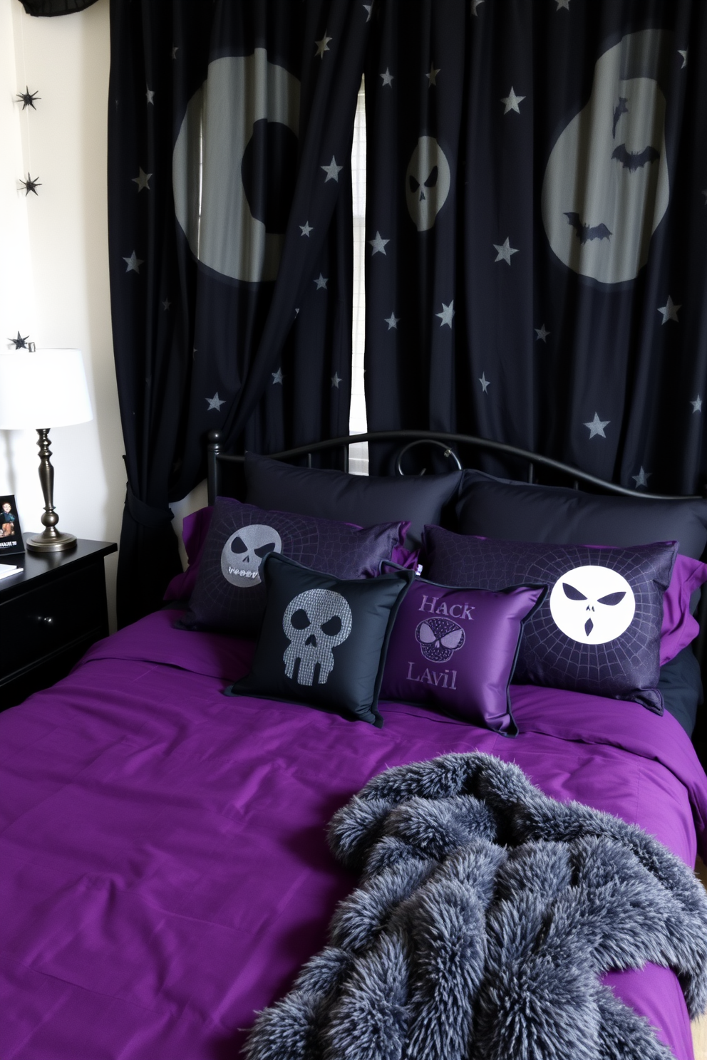 A cozy Halloween-themed bedroom featuring dark curtains adorned with moon and star patterns. The bed is dressed in rich purple and black linens, complemented by spooky-themed pillows and a plush throw blanket.