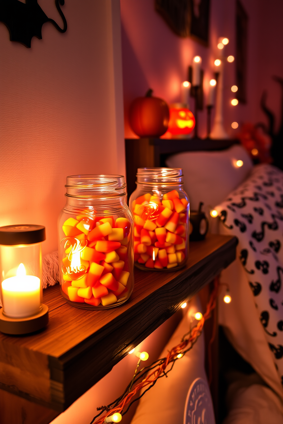 A cozy Halloween-themed bedroom featuring mason jars filled with colorful candy corn. The jars are placed on a rustic wooden shelf, complemented by soft, ambient lighting and seasonal decorations.