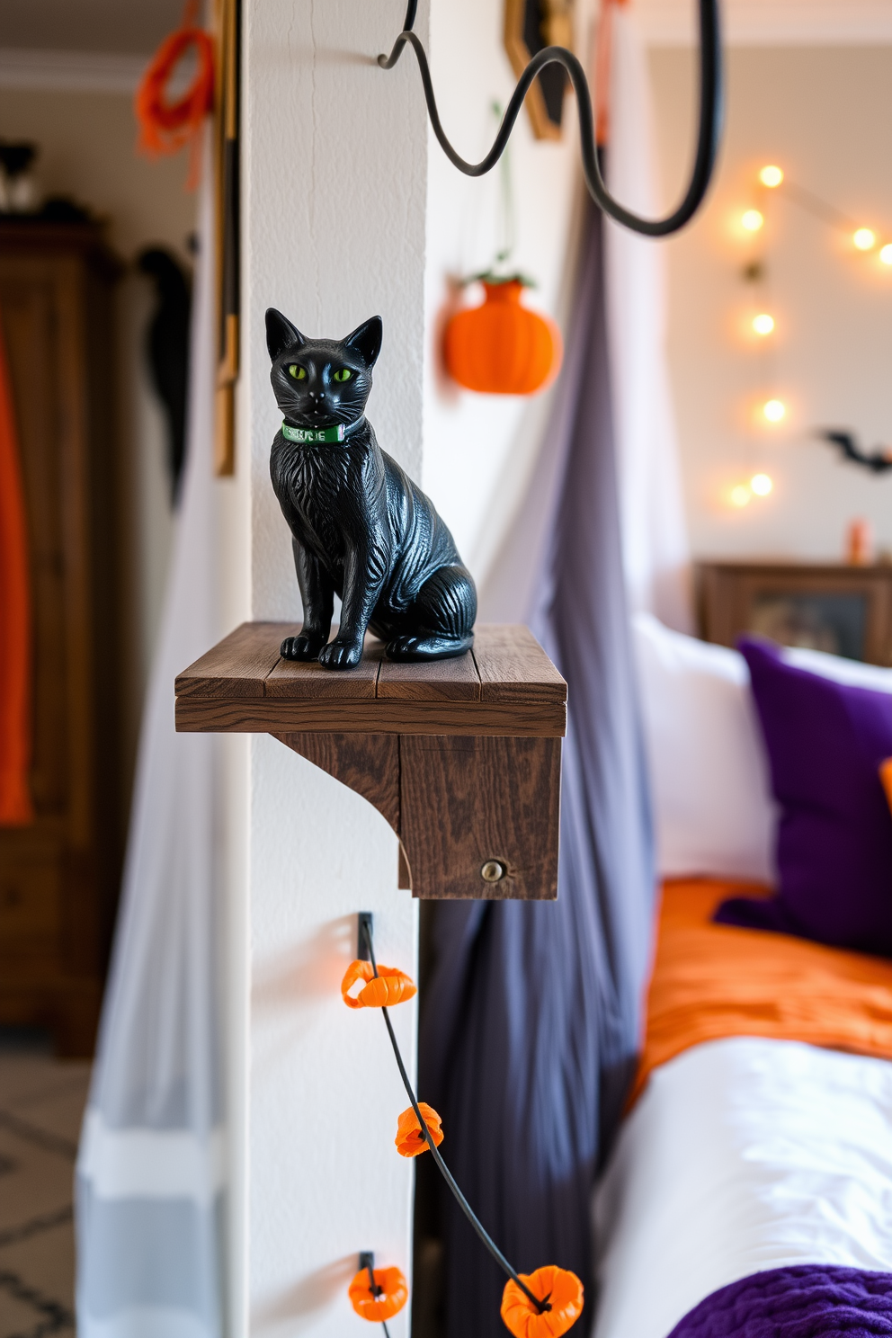 A Halloween-themed bedroom features a spider web table runner draped elegantly across a dark wood dresser. The room is adorned with soft, flickering candlelight and subtle decorations that evoke the spooky spirit of the season.