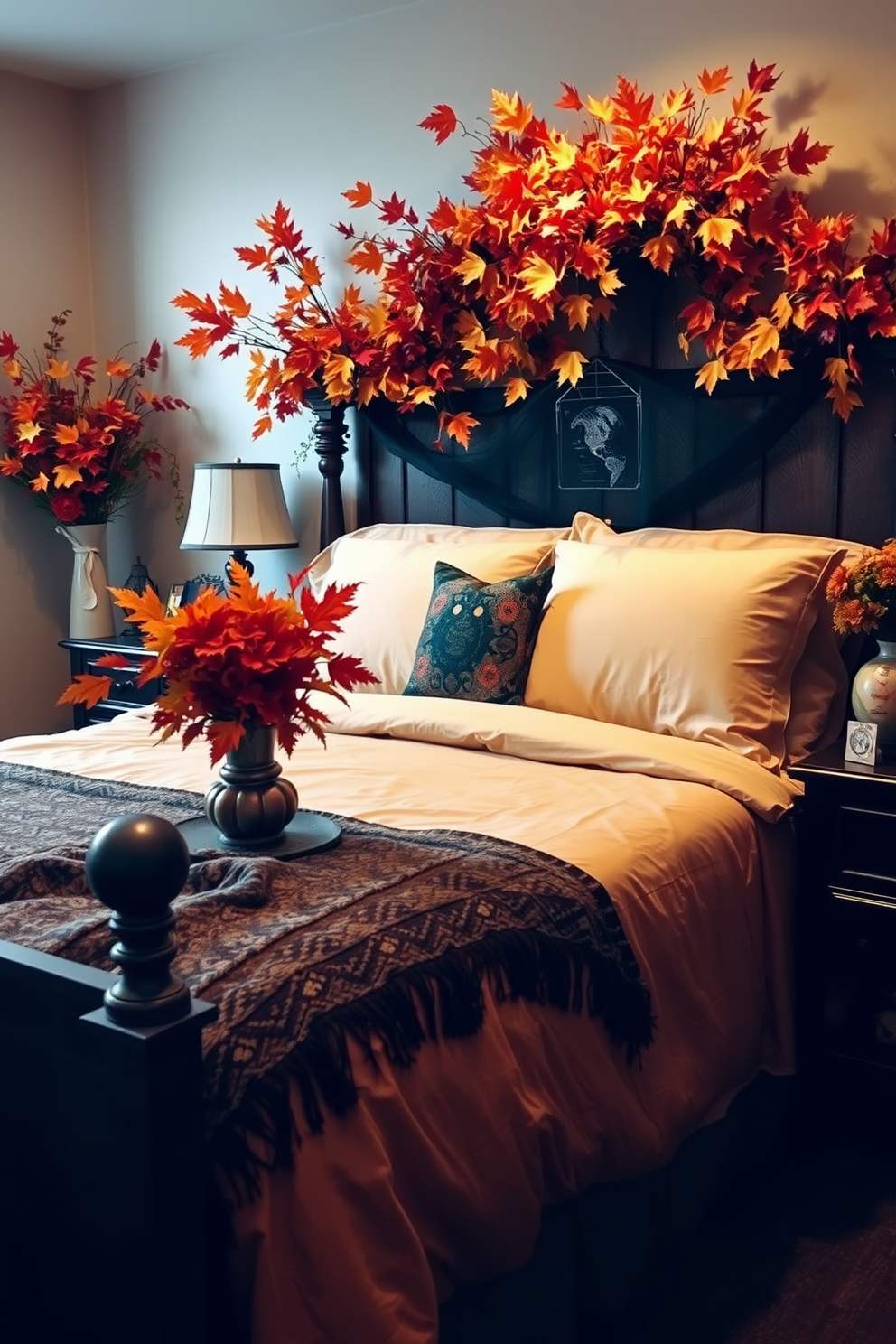 A cozy bedroom adorned with floral arrangements featuring vibrant autumn leaves. The bed is dressed in warm-toned linens, and a decorative throw blanket adds texture to the space. A spooky yet stylish Halloween theme is incorporated with subtle decorations. Soft lighting casts a warm glow, enhancing the atmosphere of seasonal charm.