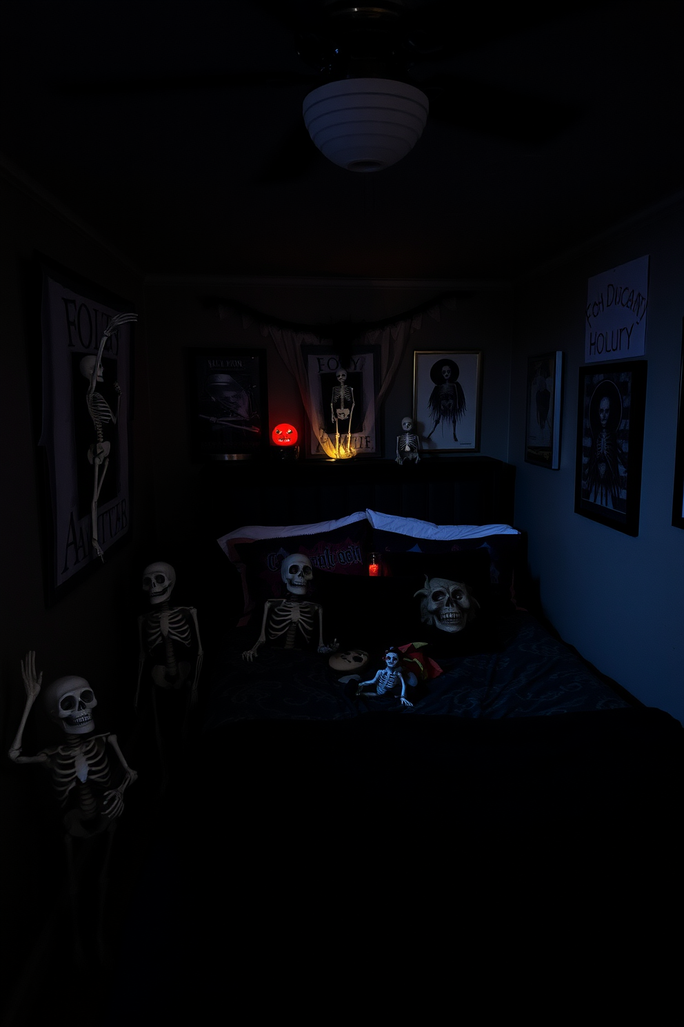 A cozy Halloween-themed bedroom where skeleton decorations peek out from various corners. The walls are adorned with spooky artwork, and dim lighting creates an eerie yet inviting atmosphere.