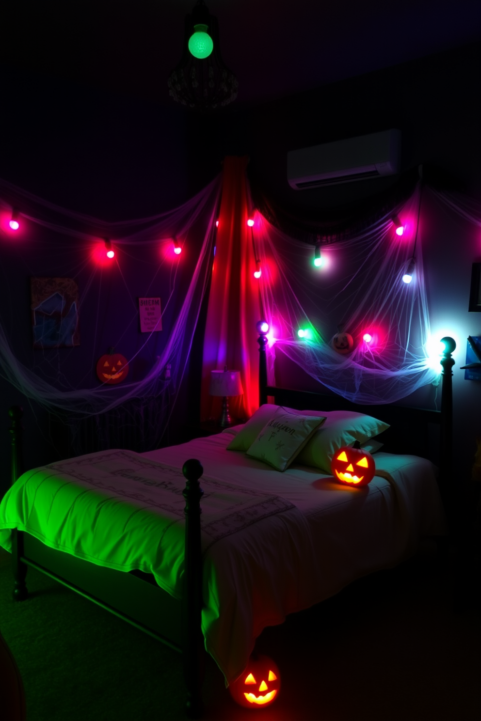 A cozy Halloween-themed bedroom adorned with mood lighting created by colored LED bulbs. The walls are draped in dark, rich colors, and spooky decorations like cobwebs and jack-o'-lanterns are strategically placed throughout the room.