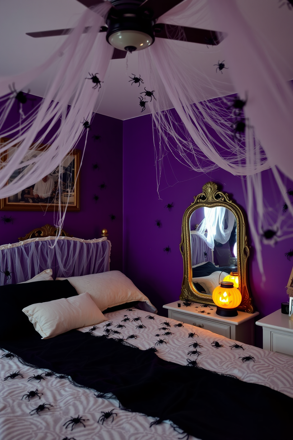 A Halloween-themed bedroom filled with creepy crawlies hidden in unexpected places. Cobwebs drape from the corners of the ceiling, and plastic spiders are scattered across the bedspread. The walls are painted in deep purple, creating a spooky atmosphere. A vintage mirror reflects ghostly figures, while a pumpkin lantern flickers on the nightstand.