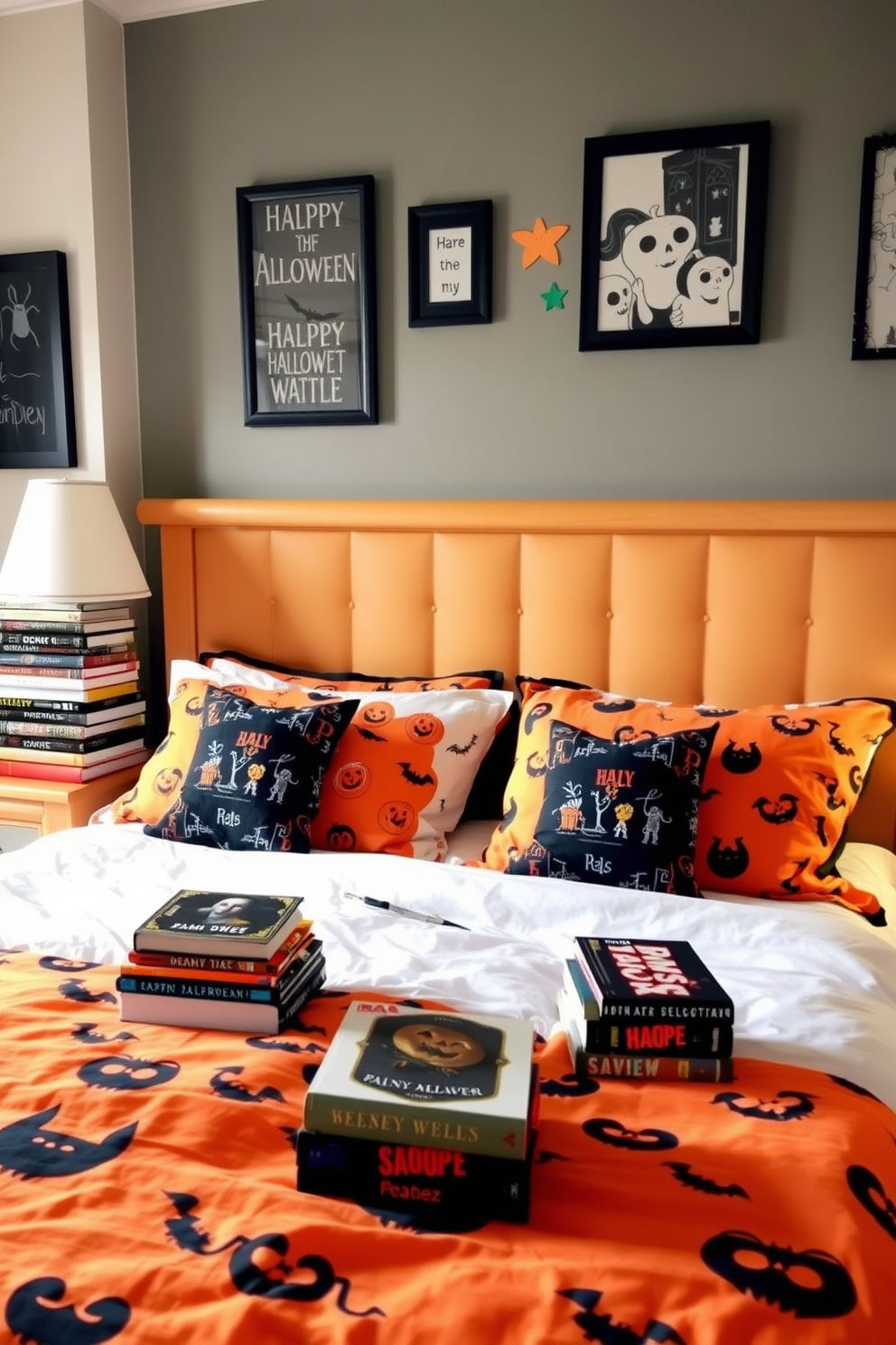 A Halloween-themed bedroom featuring a glass jar filled with various creepy crawlies such as spiders and insects. The jar is placed on a dark wooden nightstand next to a bed adorned with black and orange bedding and spooky-themed throw pillows.