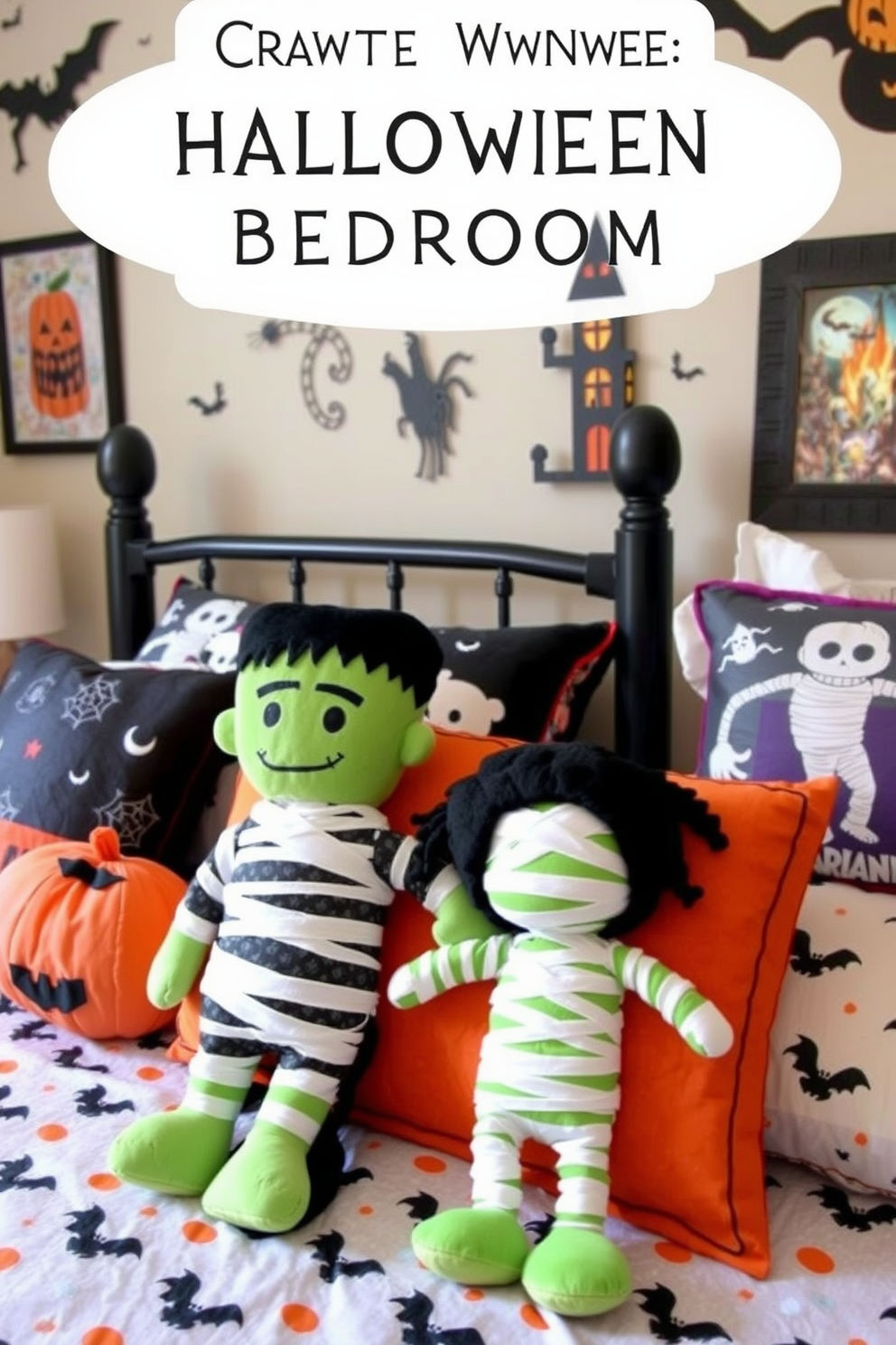 A cozy Halloween-themed bedroom featuring a witch broomstick leaning against a rustic wooden wall. The room is adorned with soft orange and black accents, including plush pillows and a festive throw blanket on the bed.