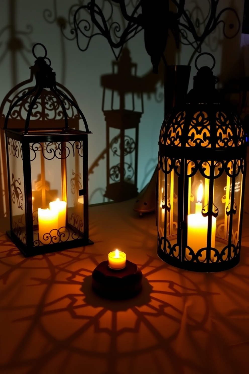 A spooky Halloween bedroom features decorative lanterns casting eerie shadows throughout the space. The lanterns are adorned with intricate designs and flickering candles, creating a haunting ambiance perfect for the season.