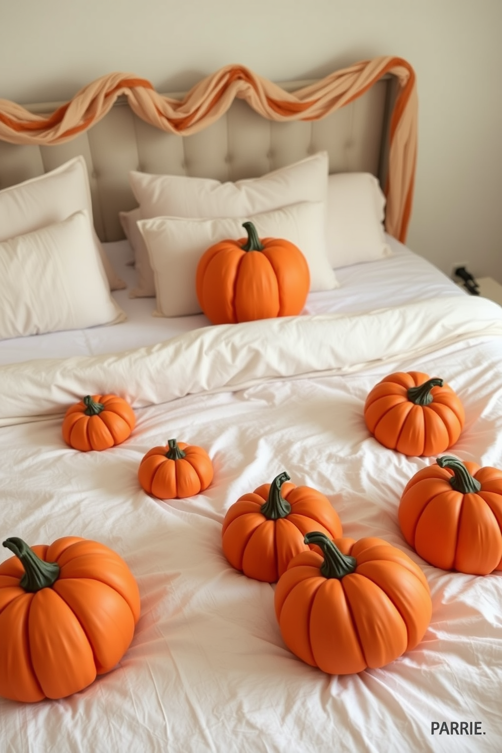 A cozy Halloween bedroom is adorned with pumpkin-shaped pillows scattered across the bed. The warm orange hues of the pillows complement soft, neutral bedding, creating an inviting atmosphere perfect for the season.