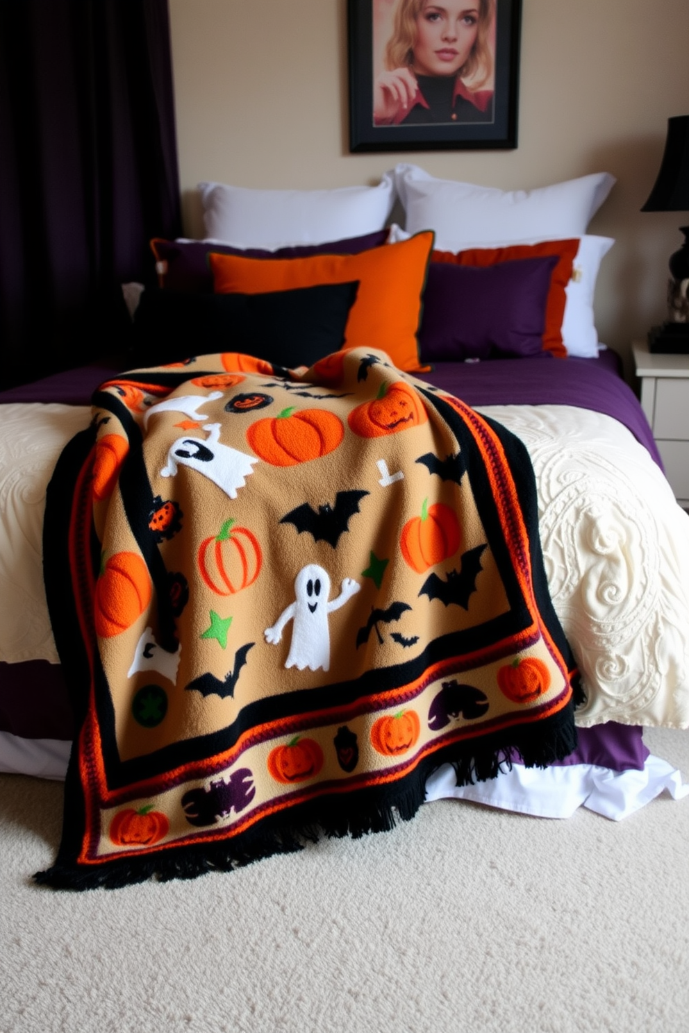 A cozy bedroom adorned with a Halloween-themed throw blanket draped over a plush bed. The blanket features playful designs of pumpkins, ghosts, and bats, adding a festive touch to the space. Dark orange and deep purple accents are incorporated through decorative pillows and a matching bedspread. Soft, ambient lighting creates a warm atmosphere, enhancing the Halloween spirit throughout the room.