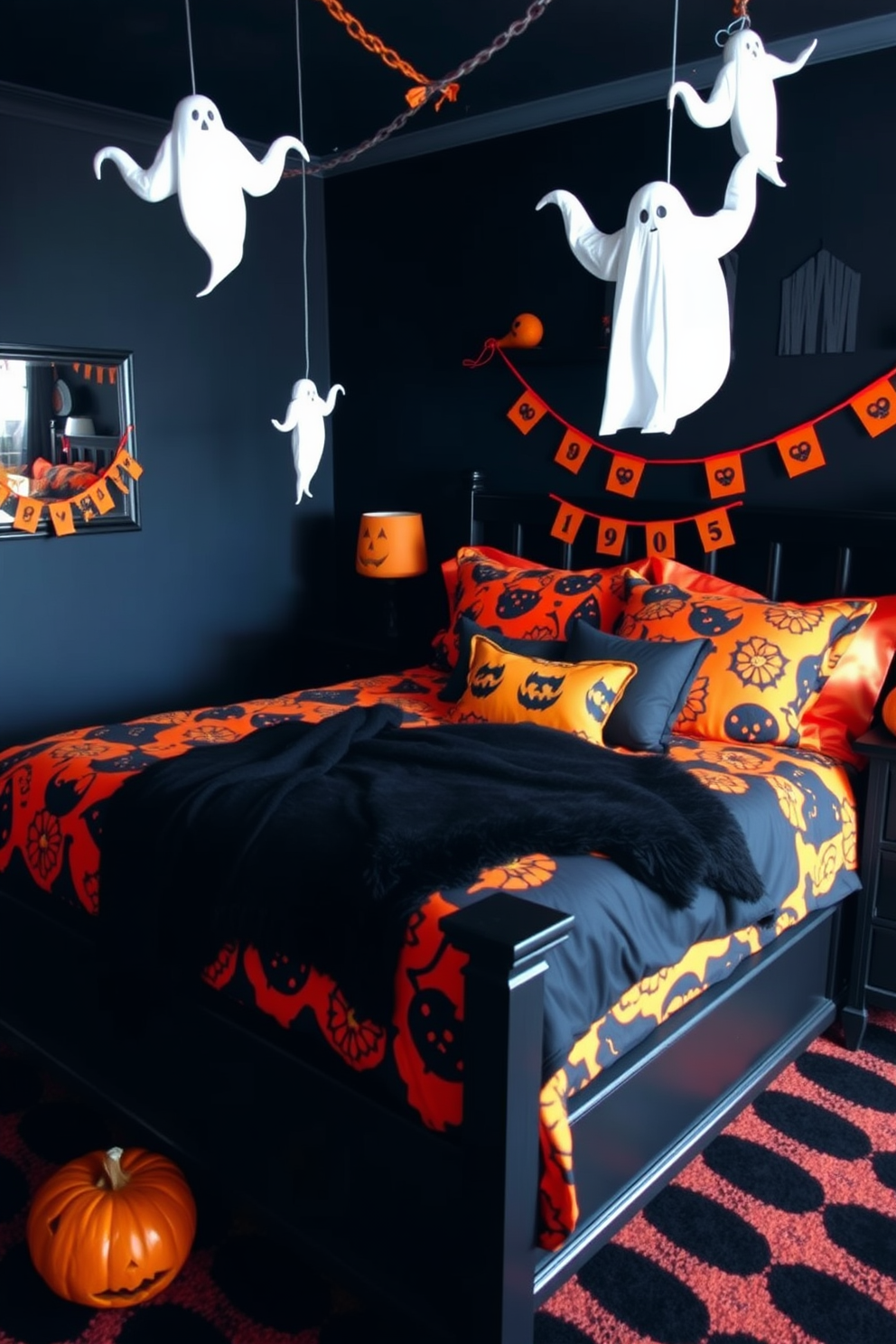 A Halloween bedroom decorated with a striking black and orange color scheme. The walls are painted in deep black, and the bedding features bold orange patterns with spooky motifs. A large black bed frame holds plush orange pillows and a cozy black throw blanket. Ghostly decorations hang from the ceiling, while a carved pumpkin sits on the nightstand, adding a festive touch.