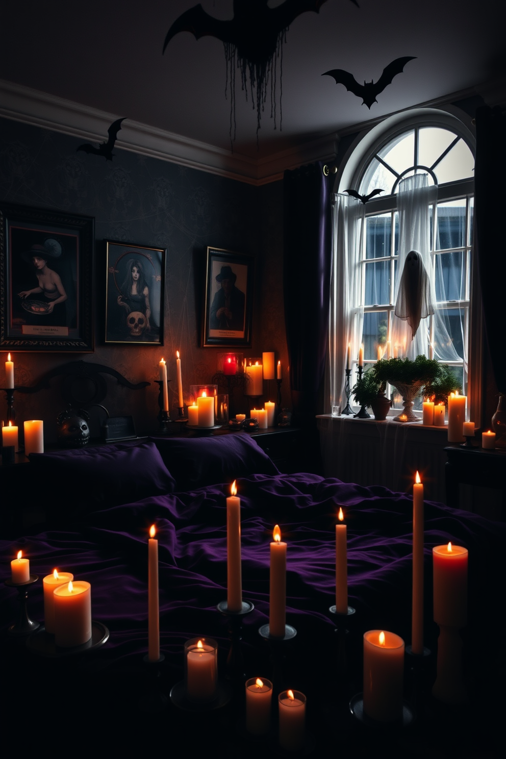 Creepy candles flicker in the dimly lit corners of the bedroom creating an eerie ambiance. The walls are adorned with dark, gothic artwork and cobwebs, while the bed is draped in rich, deep purple linens. A collection of assorted candles in various heights and shapes are scattered across the nightstands and window sills. Ghostly figures and bats are suspended from the ceiling, adding to the haunting atmosphere of the Halloween-themed decor.