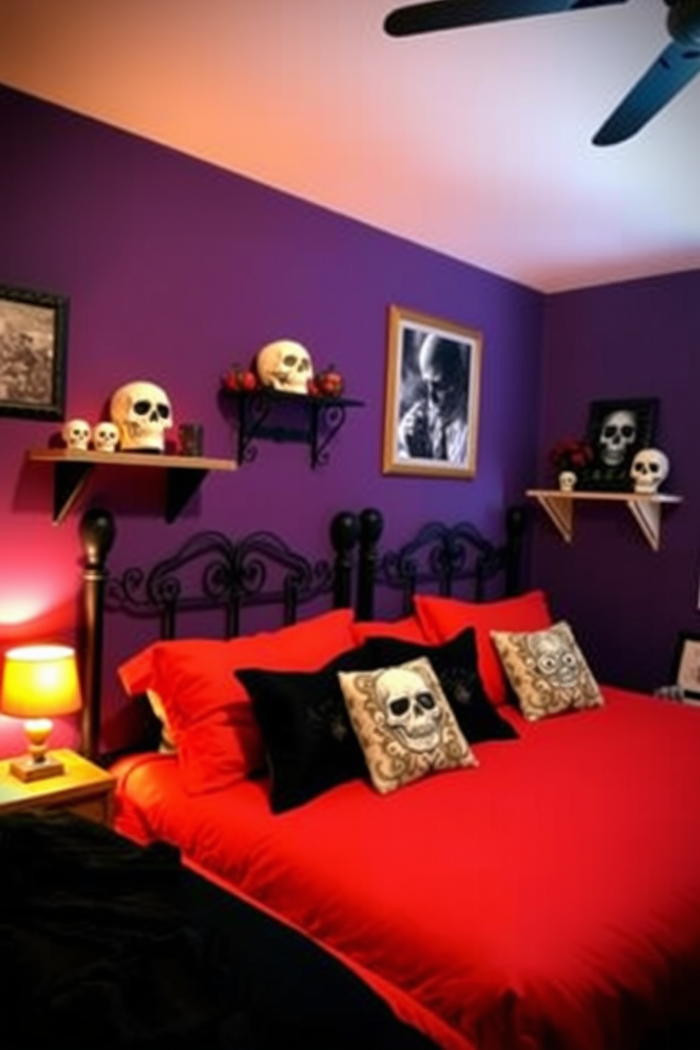 A cozy Halloween-themed bedroom featuring decorative skulls on nightstands and shelves. The walls are painted in deep purple, and soft orange lighting creates an inviting atmosphere.