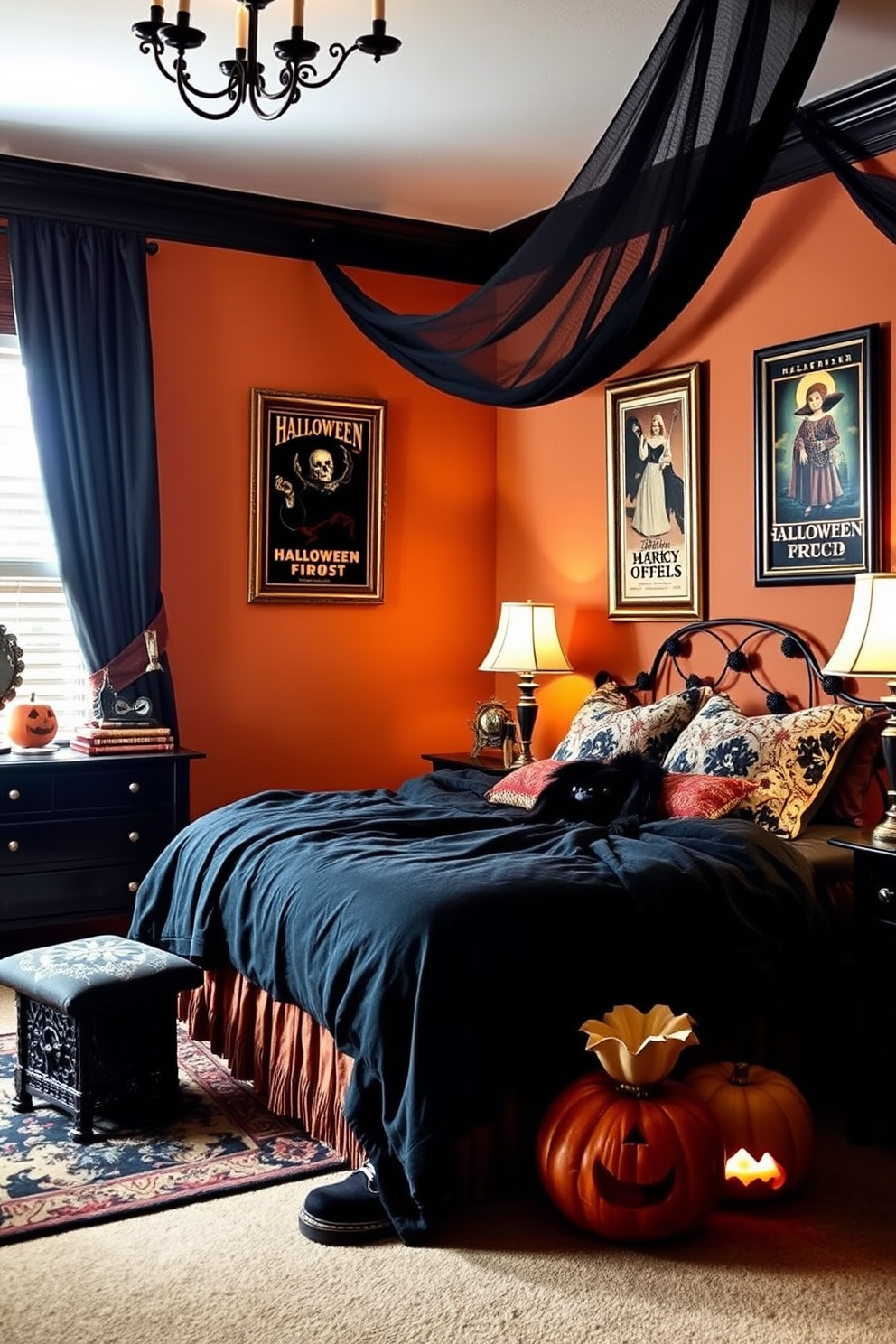 A cozy Halloween-themed bedroom featuring vintage Halloween posters elegantly framed and displayed on the walls. The room is adorned with rich, warm colors and soft lighting to create a festive yet inviting atmosphere.