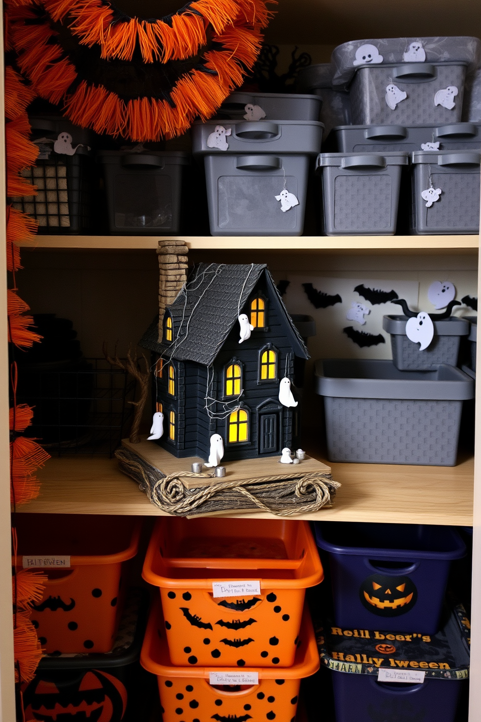 A whimsical miniature haunted house sits on a rustic wooden shelf, adorned with tiny ghosts and cobwebs. The house features intricate details like a crooked chimney and glowing windows, creating an enchanting Halloween atmosphere. The closet is decorated with themed elements such as orange and black garlands, and spooky silhouettes are cut out and hung from the shelves. A collection of Halloween-themed storage bins adds a playful touch while keeping the space organized.