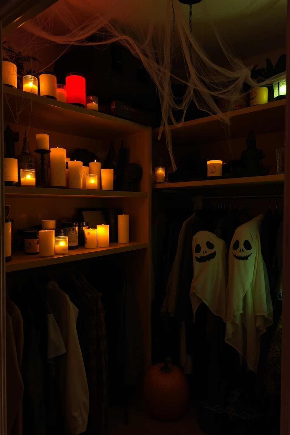 Spooky signs are creatively hung on the closet walls, featuring ghostly figures and eerie messages that capture the essence of Halloween. The closet is adorned with cobwebs and small decorative pumpkins scattered on the shelves, enhancing the festive atmosphere.