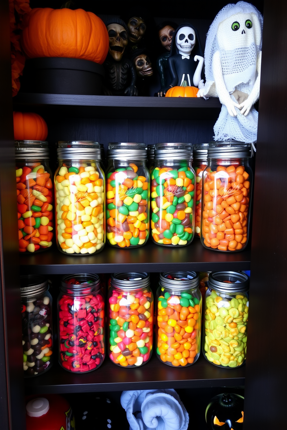 A cozy Halloween closet filled with mason jars overflowing with colorful Halloween treats. The shelves are adorned with spooky decorations like mini pumpkins and ghostly figures, creating a festive atmosphere.