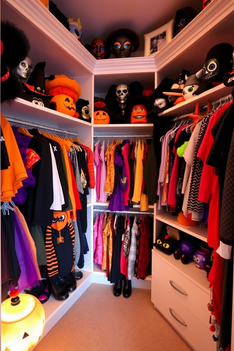 A cozy closet filled with vintage Halloween posters adorning the walls. The posters feature classic designs with spooky motifs, creating a festive atmosphere perfect for the season.