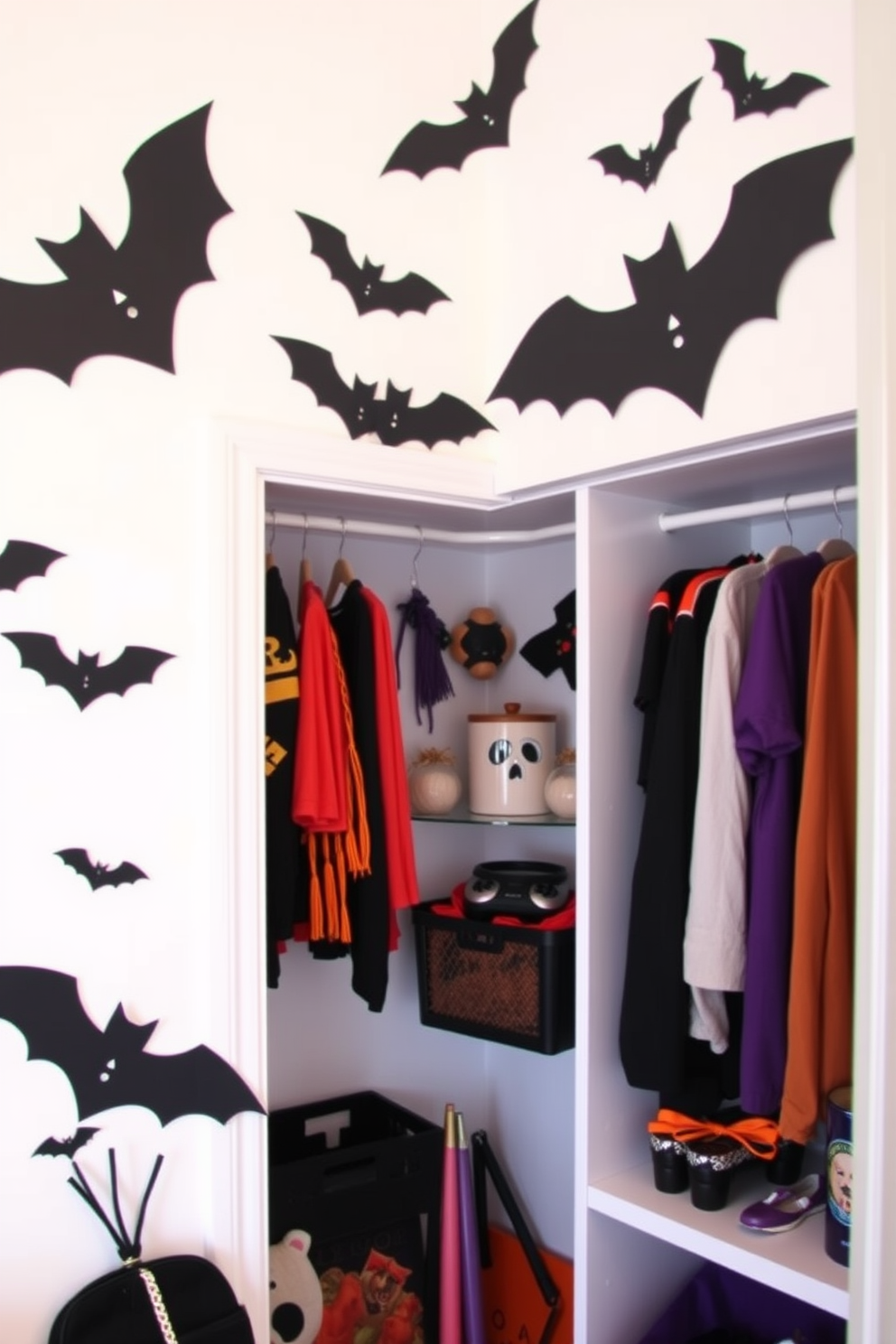 Create a whimsical Halloween closet with bat silhouettes cut out from black paper adorning the walls. The closet features a mix of spooky decorations and festive colors, with orange and purple accents to enhance the Halloween spirit.