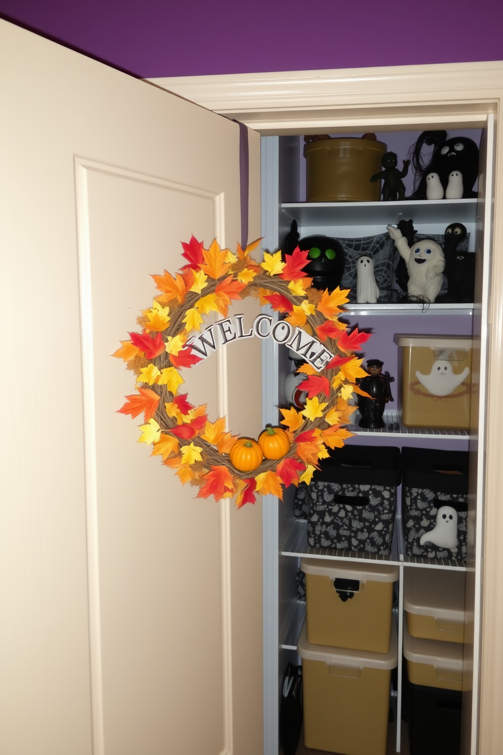 A seasonal wreath adorned with autumn leaves and miniature pumpkins hangs on the front door welcoming guests. The vibrant colors of orange, yellow, and red create a festive atmosphere that captures the essence of Halloween. Inside the closet, shelves are lined with spooky decorations including cobwebs, ghost figurines, and themed storage bins. The walls are painted in a deep purple hue, enhancing the Halloween spirit while providing an organized and stylish space.