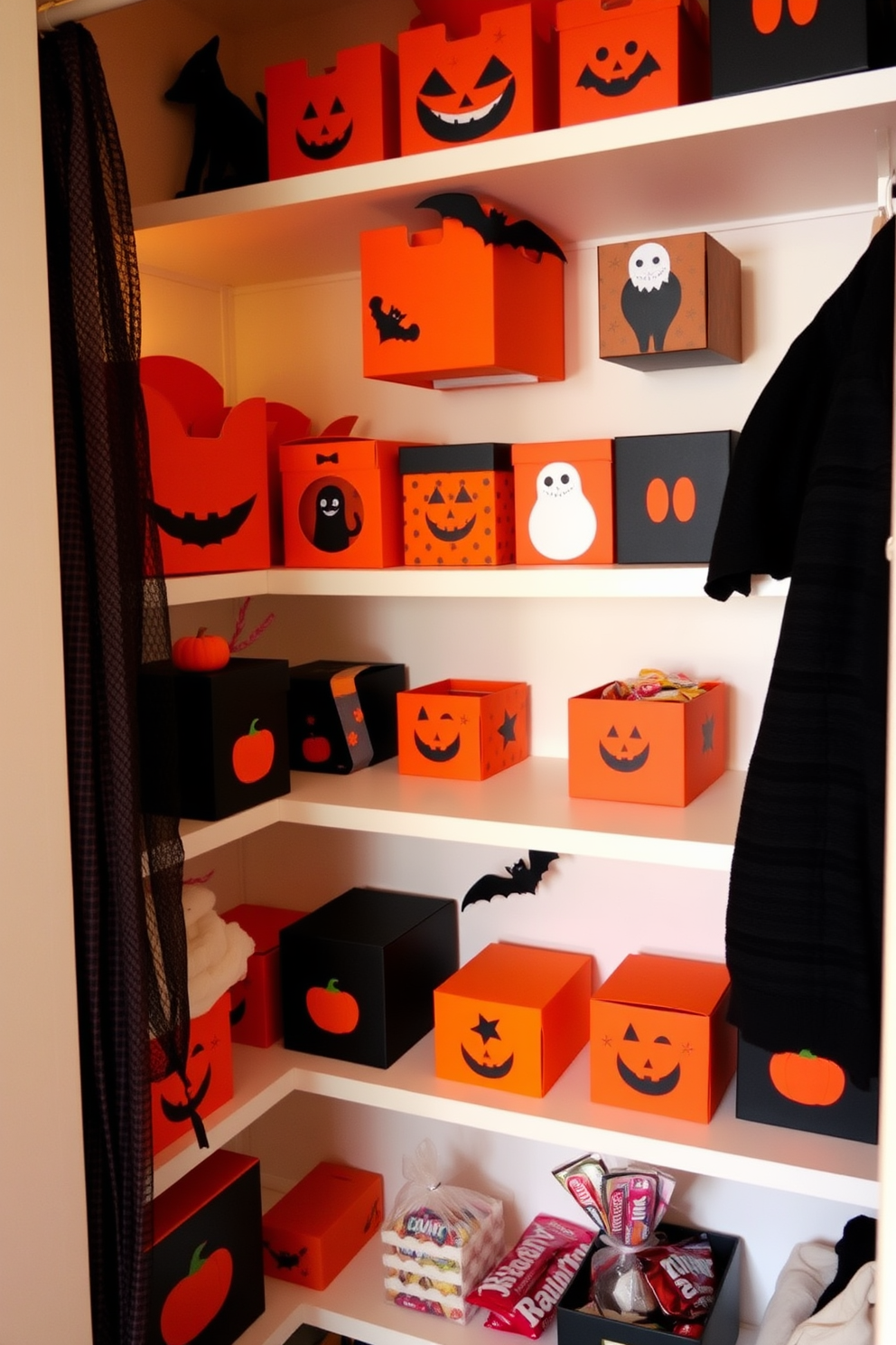 Create a whimsical Halloween closet decorated with an array of decorative boxes in vibrant orange and black hues. Each box is adorned with playful Halloween motifs such as pumpkins, ghosts, and bats, adding a festive touch to the closet space. The shelves are lined with these boxes, creating an organized display for trick or treat candy. Soft, warm lighting enhances the cozy atmosphere, making the closet a charming focal point for Halloween celebrations.