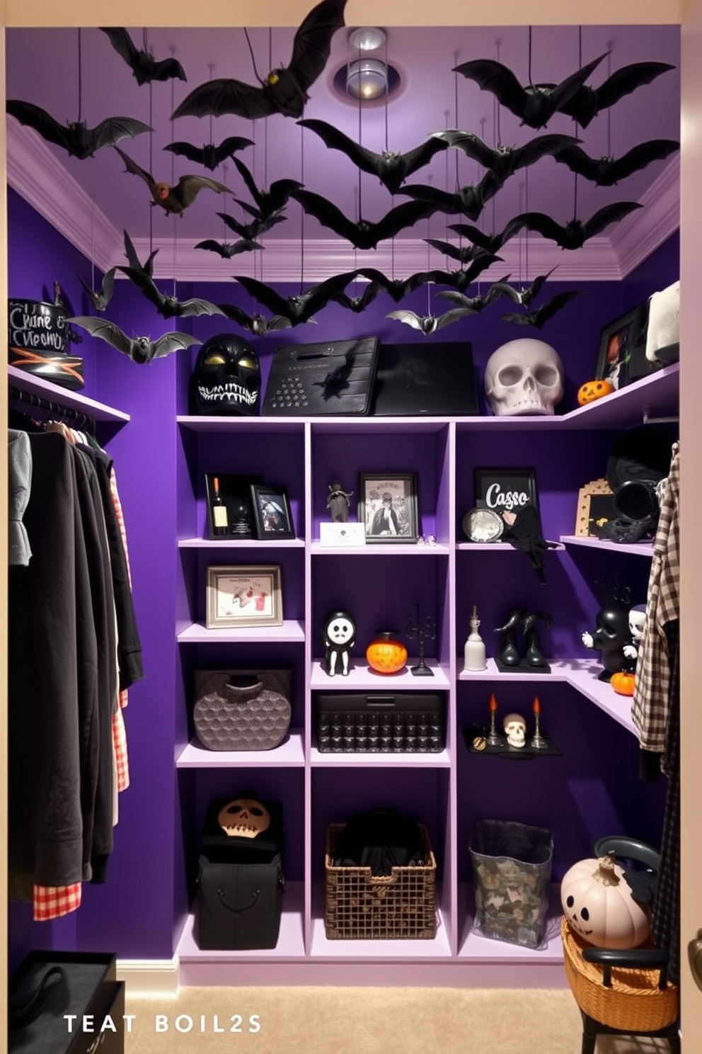 A chalkboard hangs on the wall, adorned with spooky messages in vibrant colors. Surrounding it are Halloween-themed decorations, including cobwebs and small pumpkins, creating an eerie yet festive atmosphere. The closet is organized with seasonal attire, featuring black and orange accents. Ghostly figures and bats are strategically placed among the clothes, enhancing the Halloween spirit while maintaining functionality.