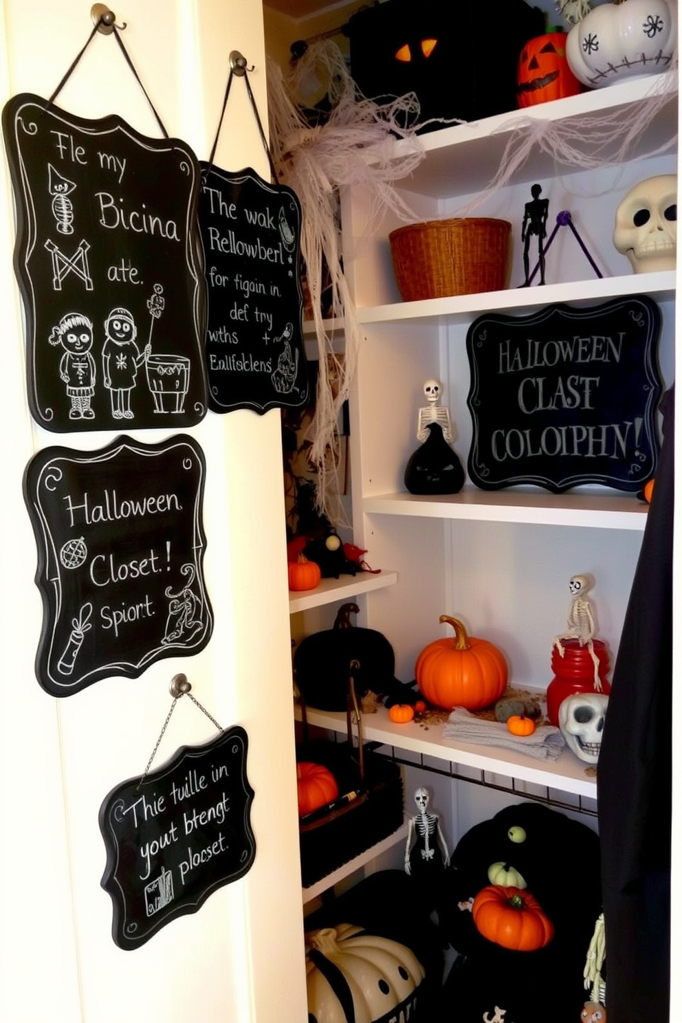 Chalkboard signs adorned with eerie illustrations and spooky messages hang from the walls of a creatively decorated Halloween closet. The shelves are filled with themed decorations such as cobwebs, miniature skeletons, and pumpkins, creating a festive and haunting atmosphere.