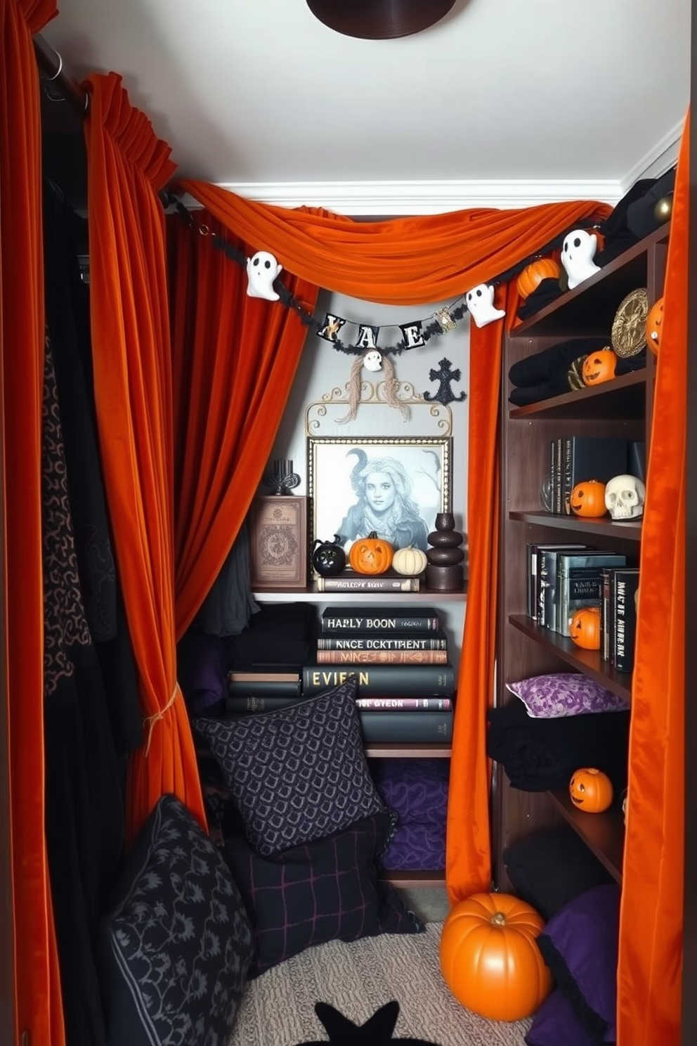 A cozy closet adorned with fabric drapes in vibrant Halloween colors creates a festive atmosphere. The rich oranges and deep purples of the drapes complement spooky decorations like bats and pumpkins hung throughout the space.