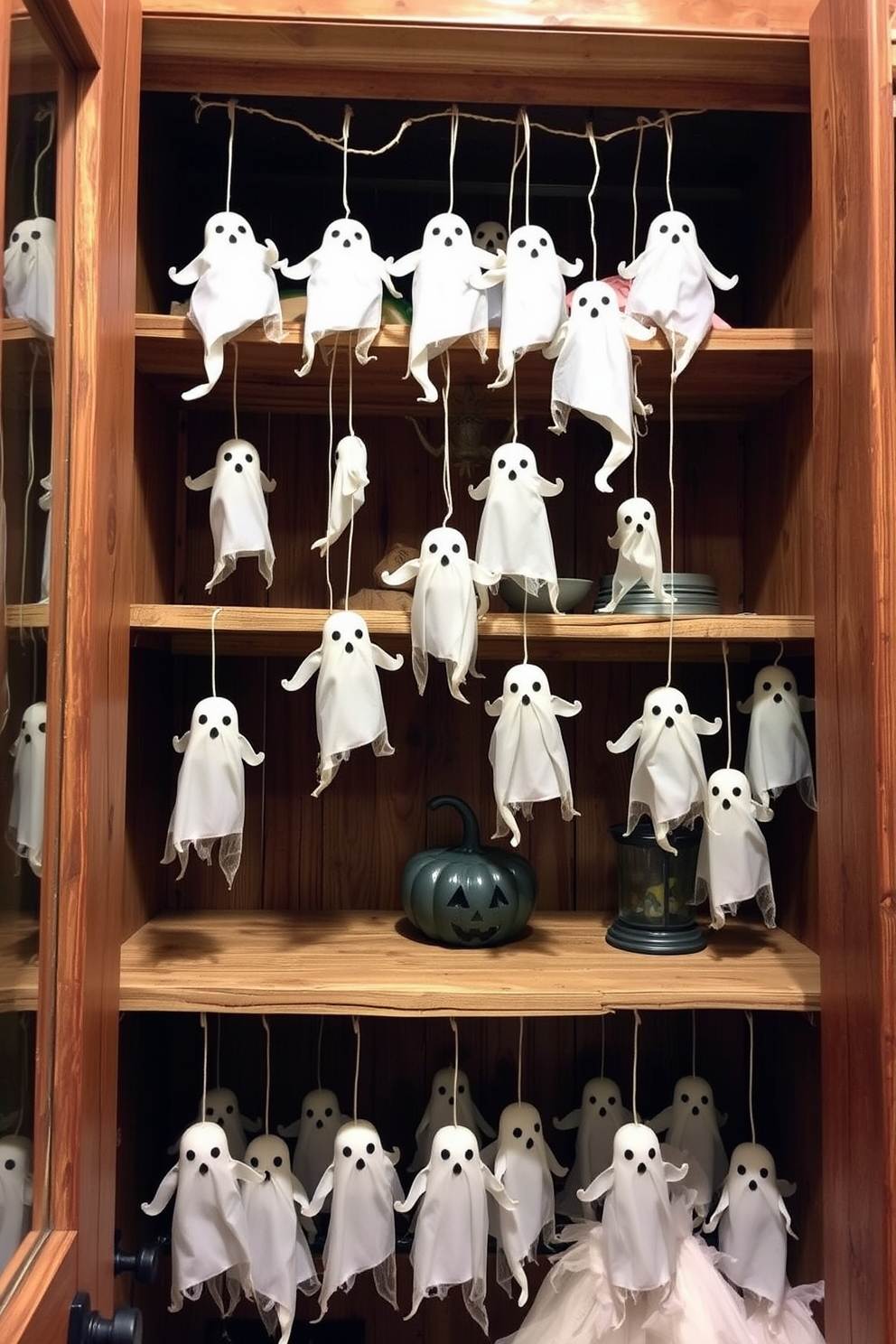 A spooky closet filled with eerie cobwebs hanging from the shelves creates a chilling atmosphere. Dark and moody colors dominate the space, with Halloween-themed decorations like skeletons and ghostly figures peeking out from the corners.