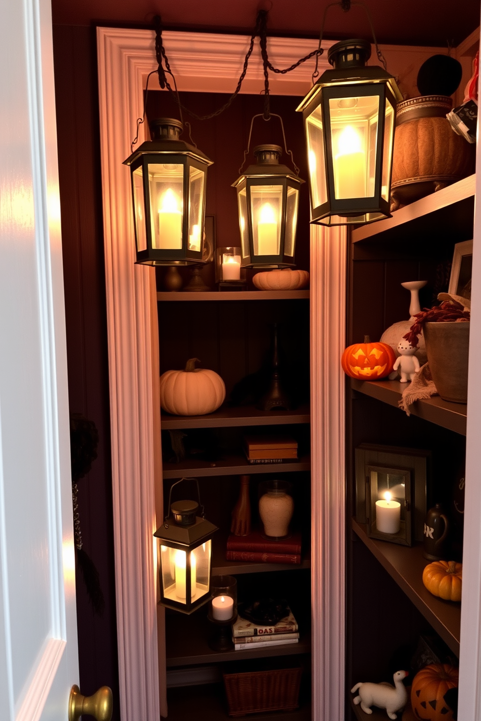 A cozy closet space adorned with vintage lanterns that cast a warm, inviting glow. The walls are painted in deep jewel tones, and the shelves are filled with seasonal decorations, creating a festive atmosphere for Halloween.